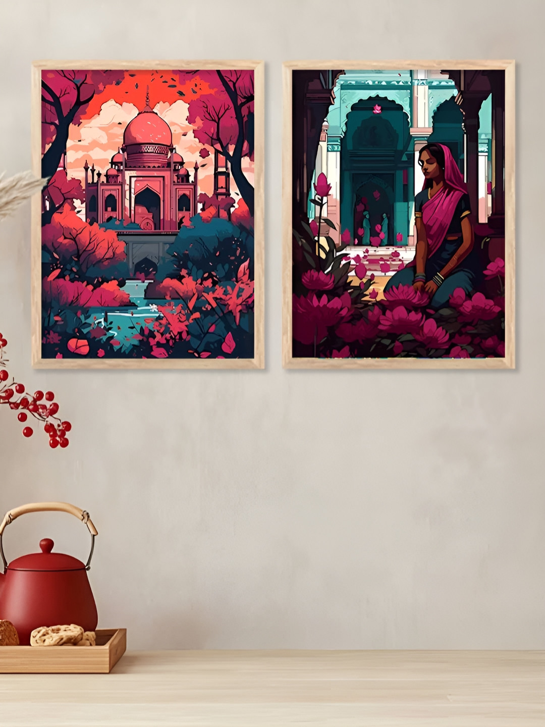 Kotart Brown & Red 2 Pieces Floral And Botanical Printed Portrait Wooden Wall Arts