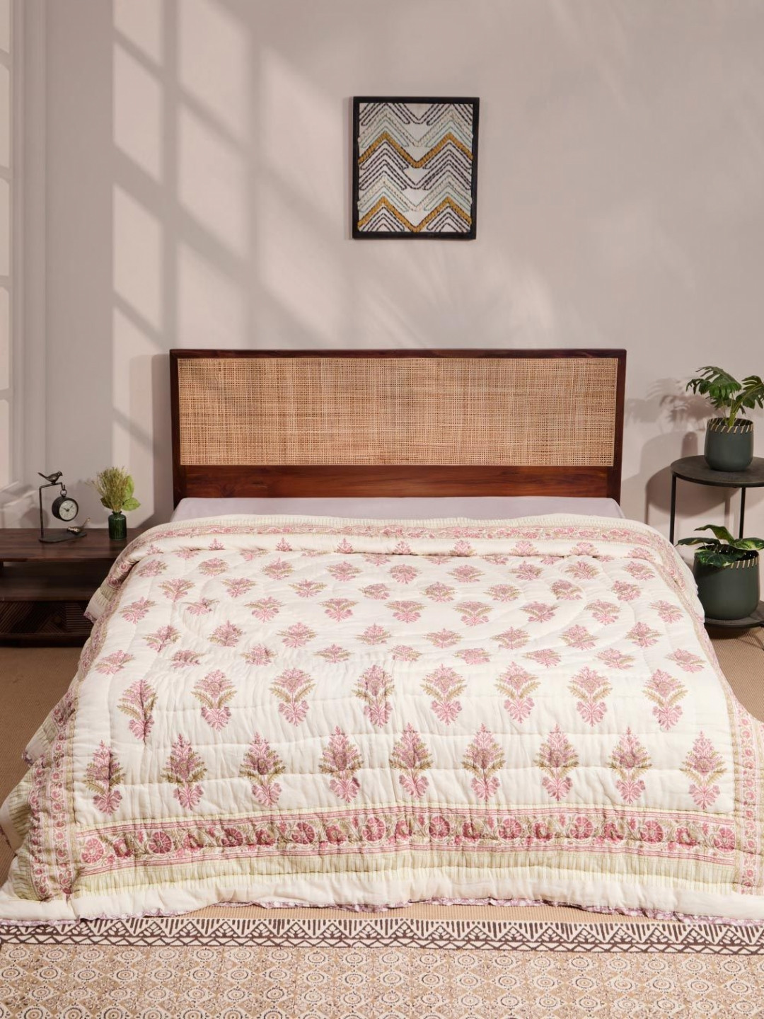 Fabindia Jarul Cream & Pink Floral Printed AC Room 350 GSM Single Bed Quilt