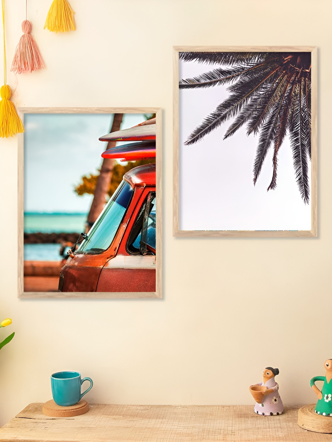 Kotart Brown & Red 2 Pieces Van & Tree Printed Wooden Wall Arts