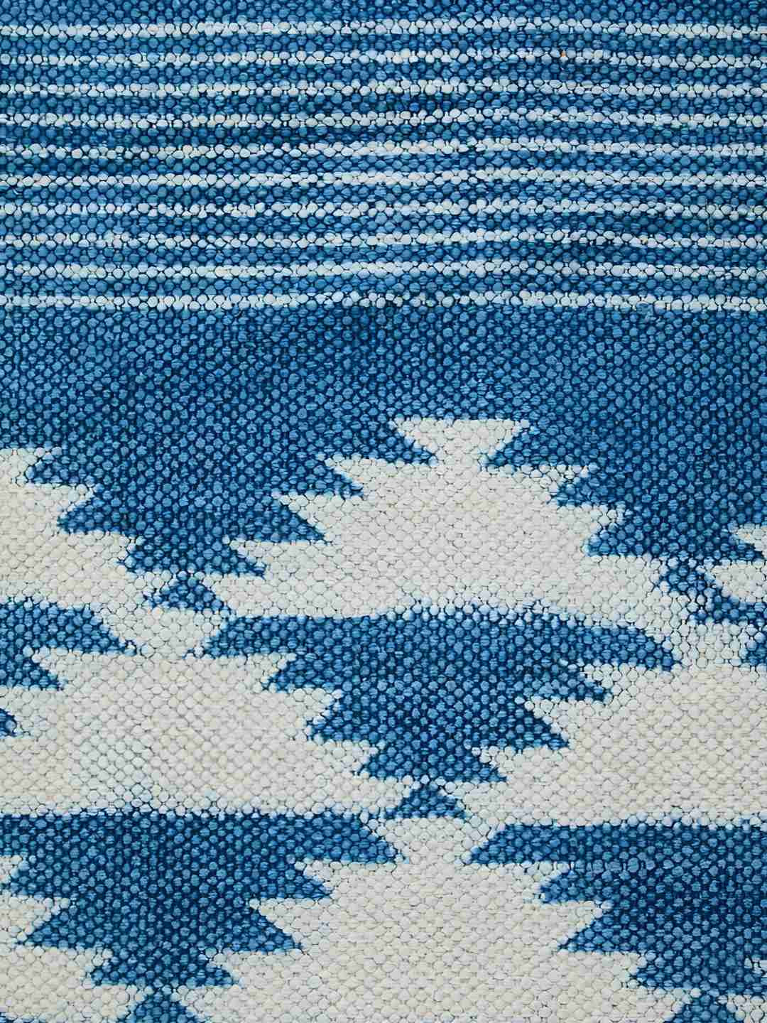 Fabindia Wabi Sabi Blue & White Ethnic Motifs Printed Cotton Dhurrie