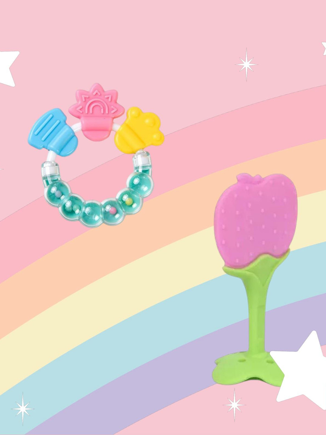 Joy Buzz Kids Set Of 2 Baby Rattle & Stand Teether - Pink & Green