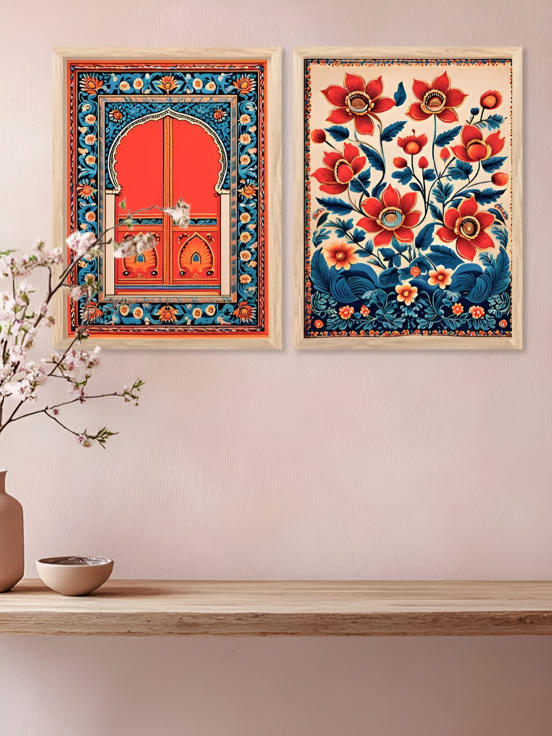 Kotart Brown, Red & Navy Blue 2 Pieces Wooden Floral And Botanical Wall Arts