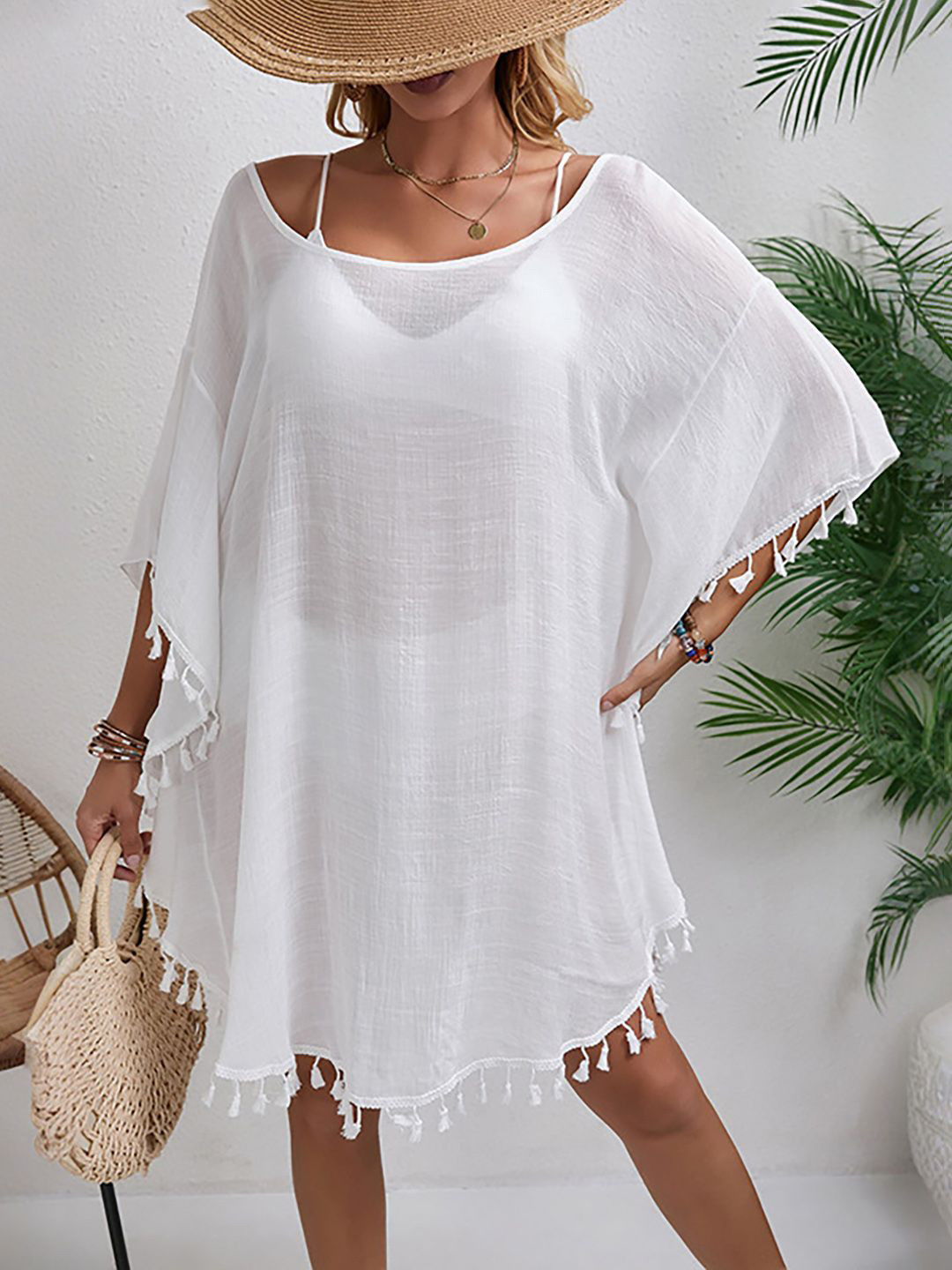 JC Mode Round Neck Mini Swimwear Cover Up Top with Tassels