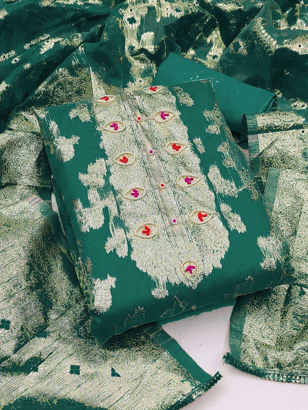 NEGRONI Floral Woven Design Beads And Stones Tussar Silk Unstitched Dress Material