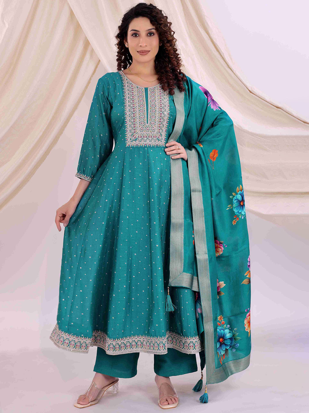 SHILL INTERNATIONAL Floral Embroidered A-Line Kurta With Trousers And Dupatta