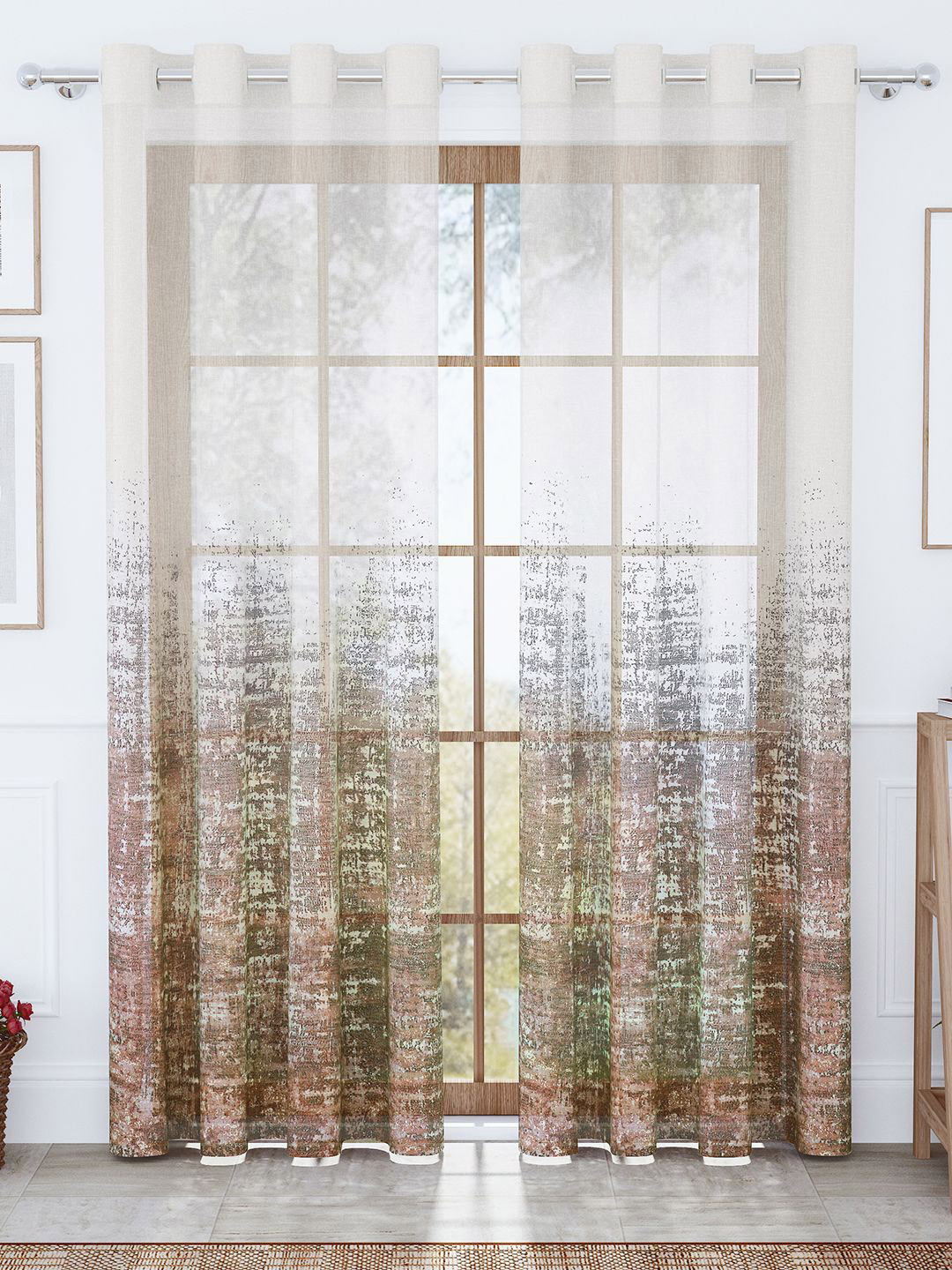 Story@home Aurum Brown & Cream Coored 2 Pieces Printed Sheer Long Door Curtains