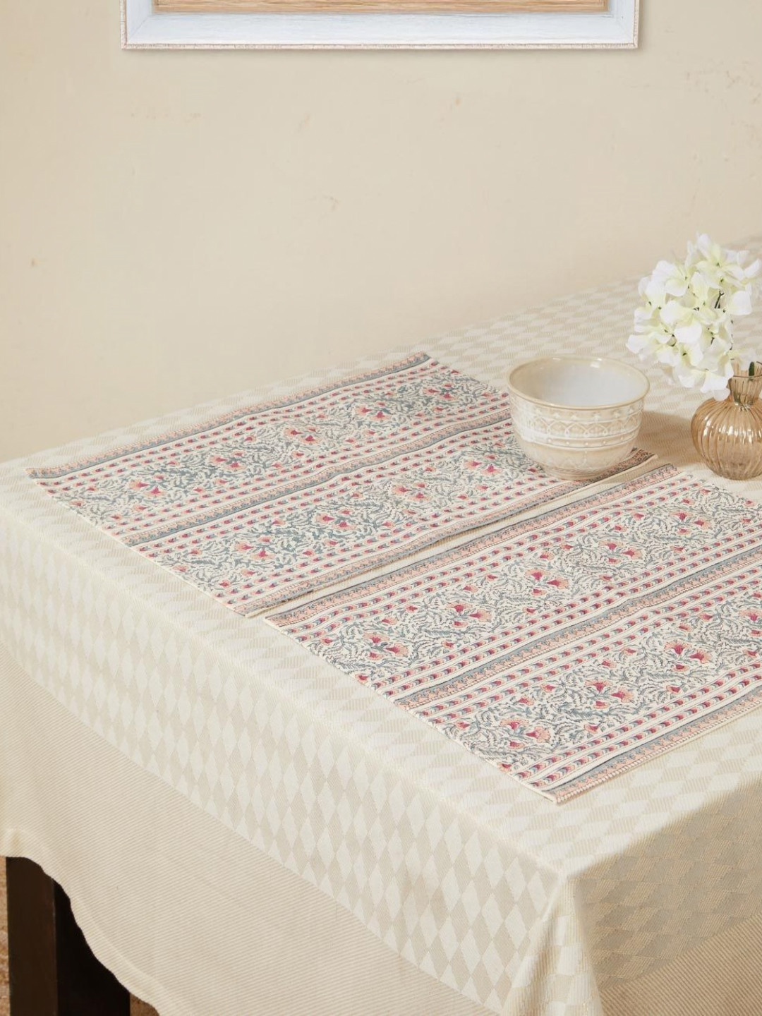 Fabindia Jaheer Grey & Pink 6-Pcs Hand Block Printed Cotton Table Placemats