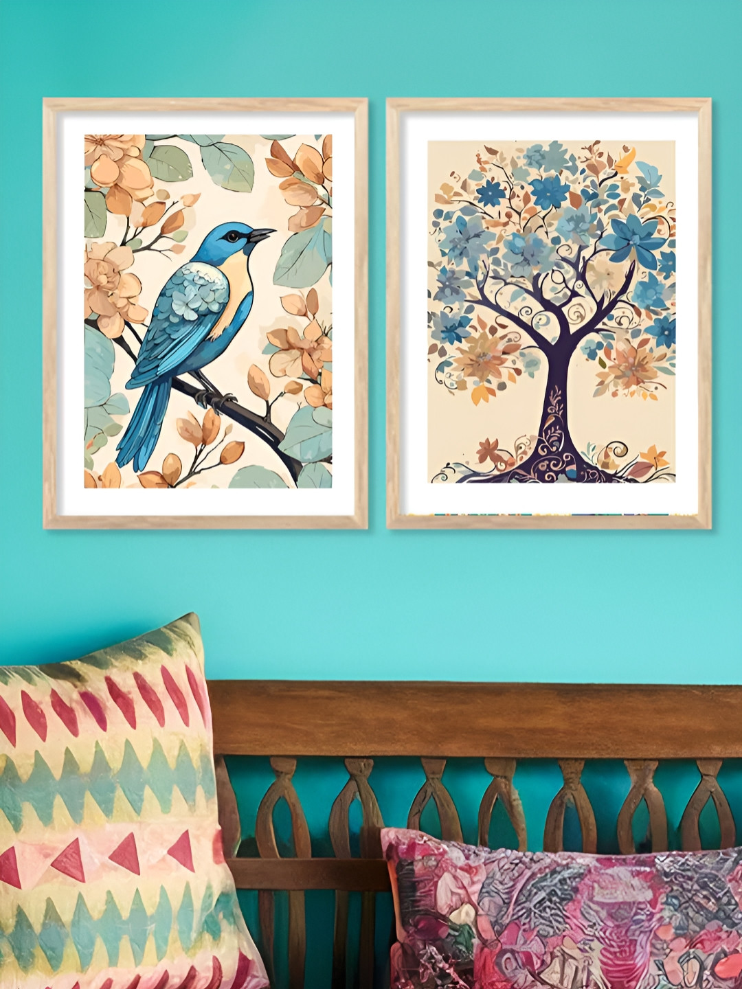 Kotart Brown & Blue 2 Pieces Bird On Tree Printed Wooden Wall Arts