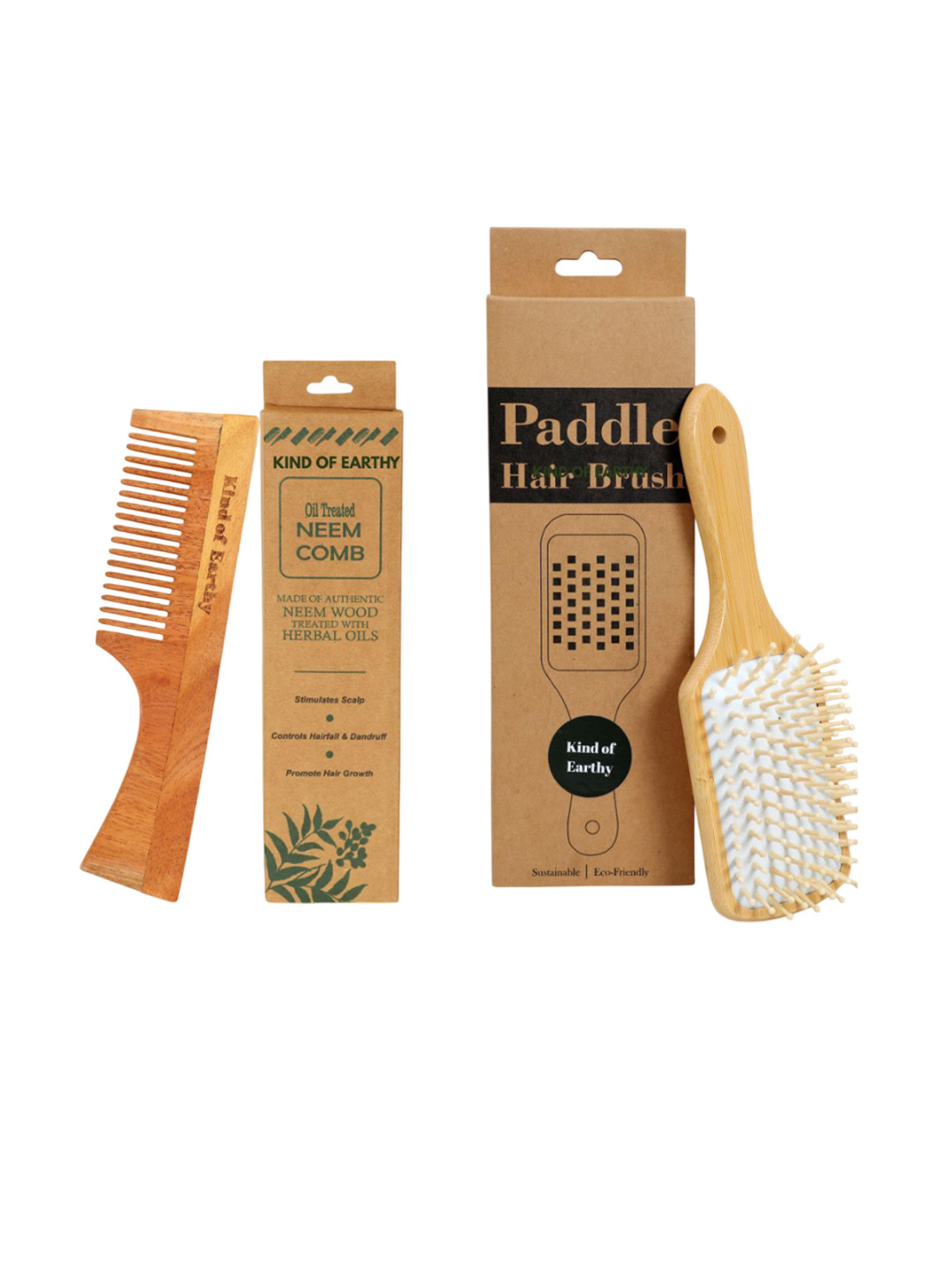 Kind of Earthy Set Of 2 Kacchi Neem Tooth Comb & Bamboo Paddle Hair Brush