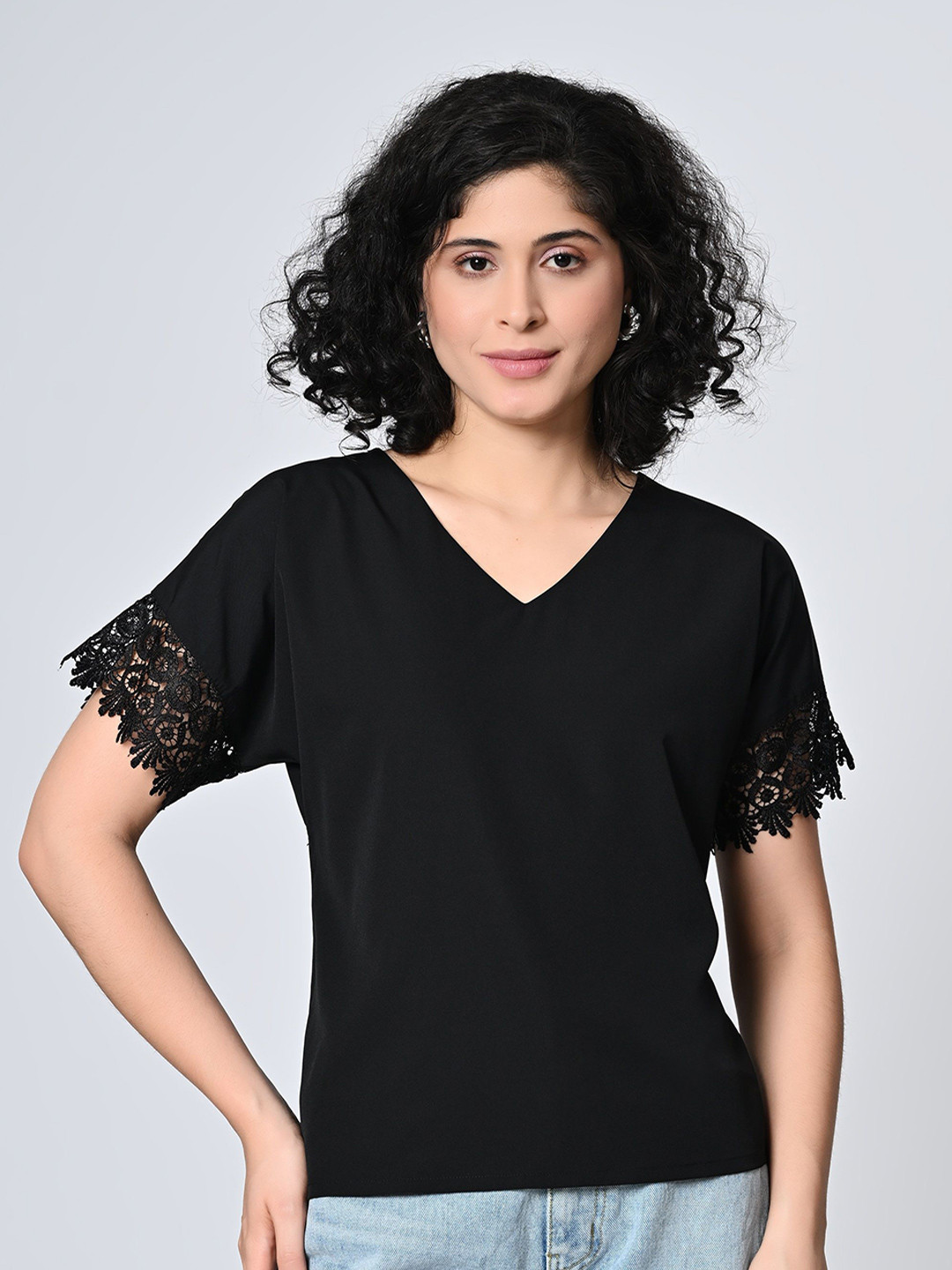 OTIRA Women V-Neck Short Sleeves Crepe Top
