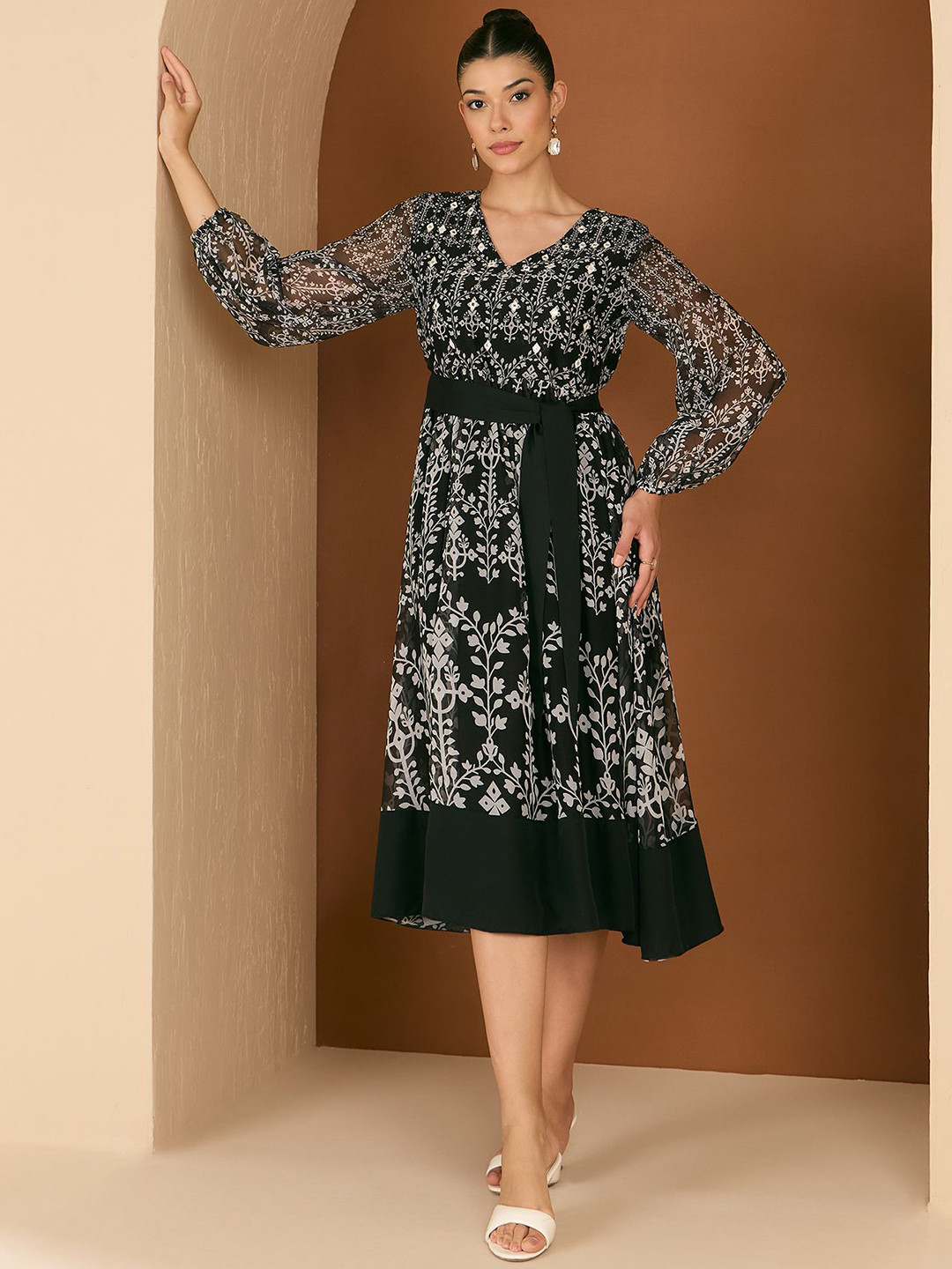 Antheaa Women Ethnic Motifs Printed Monochrome Mirror Work Belted Fit & Flare Midi Dress
