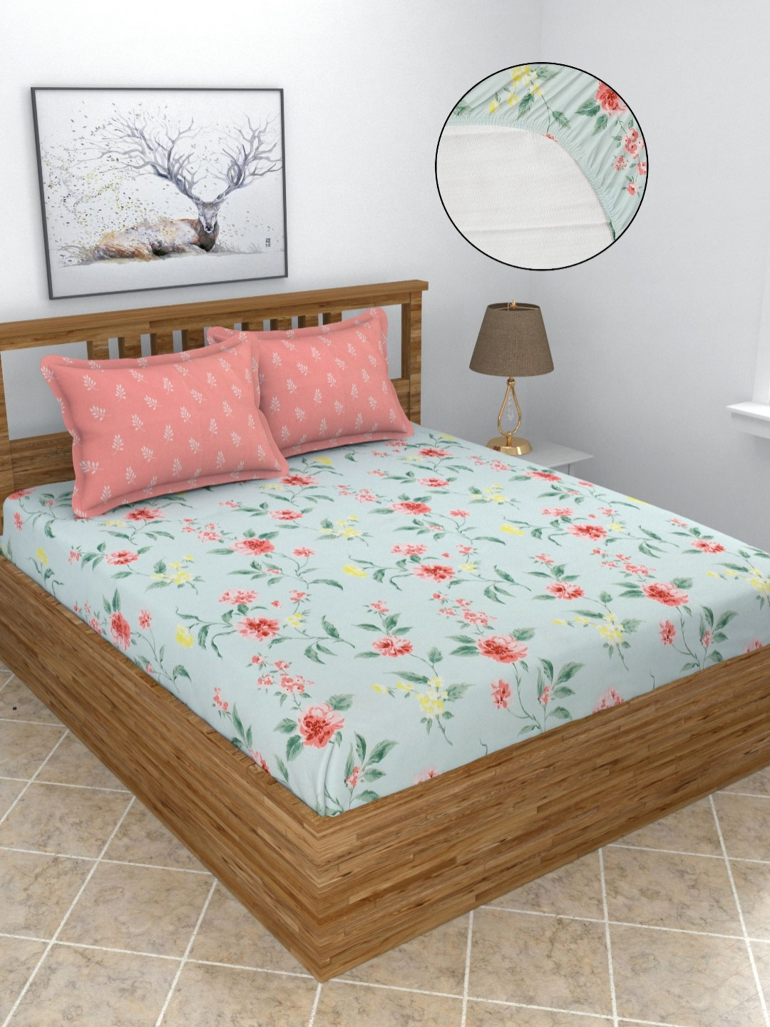 BREVARD White & Pink Printed Fitted 210 TC King Bedsheet with 2 Pillow Covers 2.7m x2.7m