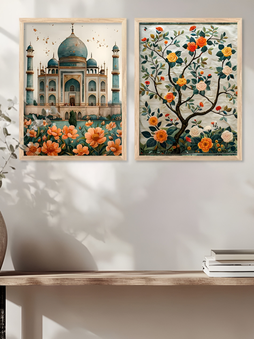 Kotart Brown & Grey 2 Pieces Floral & Mahal Printed Wooden Wall Arts