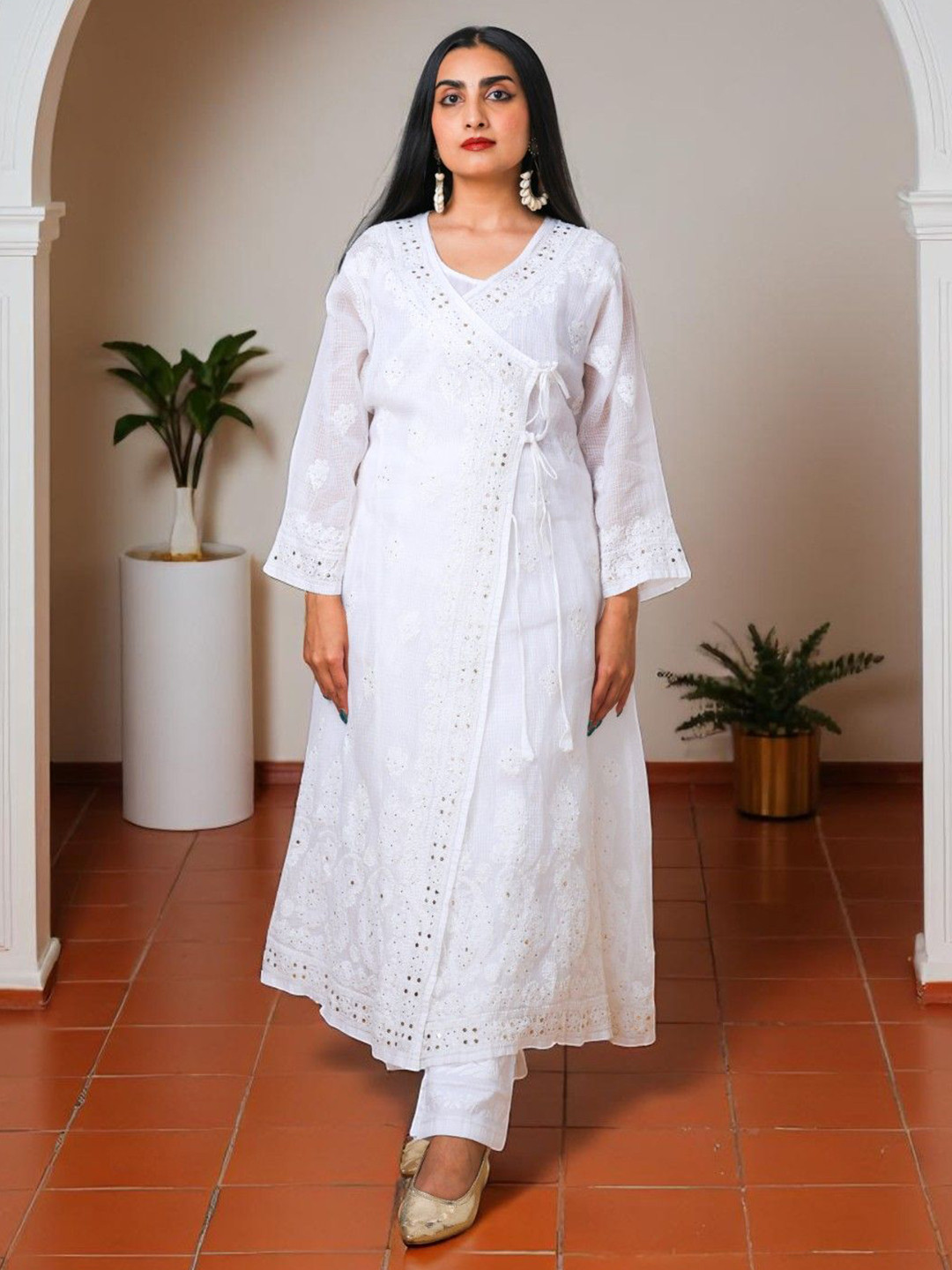 PRETANSHAH Floral Embroidered Chikankari Kota Cotton Angrakha Anarkali Kurta