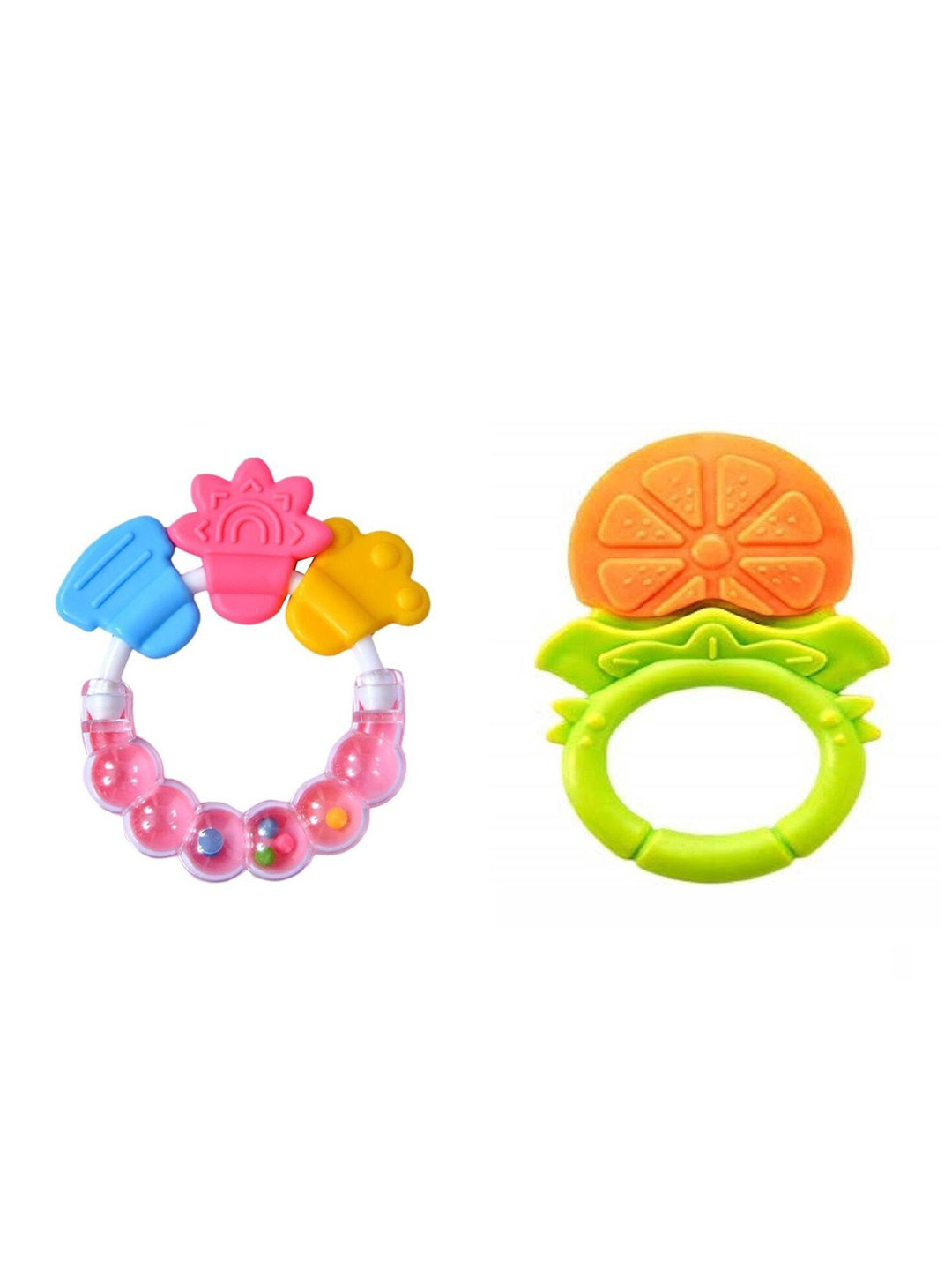 Joy Buzz Kids Set Of 2 Baby Rattle & Fruit Teether - Pink & Yellow