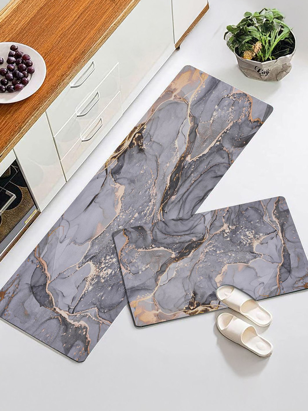 Story@home 2Pcs Grey Rectangular Anti-Skid Runner & Doormat Combo