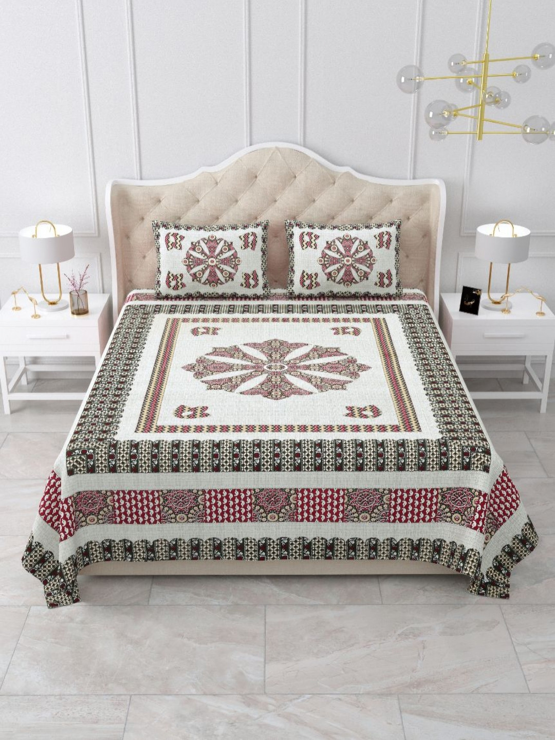Qfab Grey Ethnic Motifs 180 TC Cotton King Bedsheet With 2 Pillow Covers  233 x 279 cm