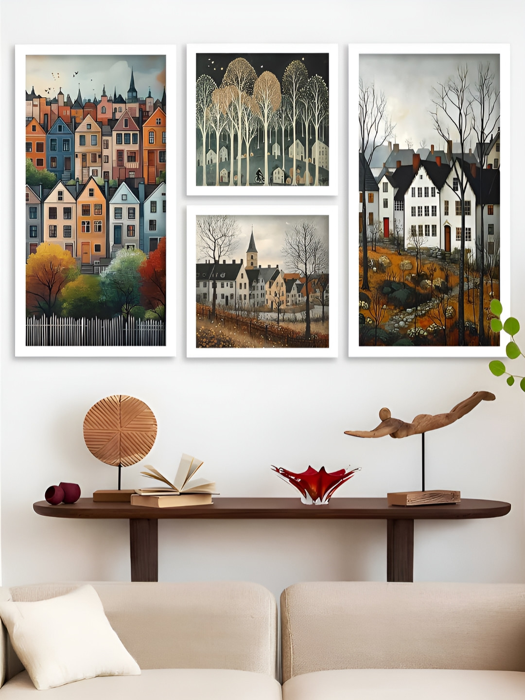 Kotart White And Green 4 Piece Wood Abstract Wall Paintings