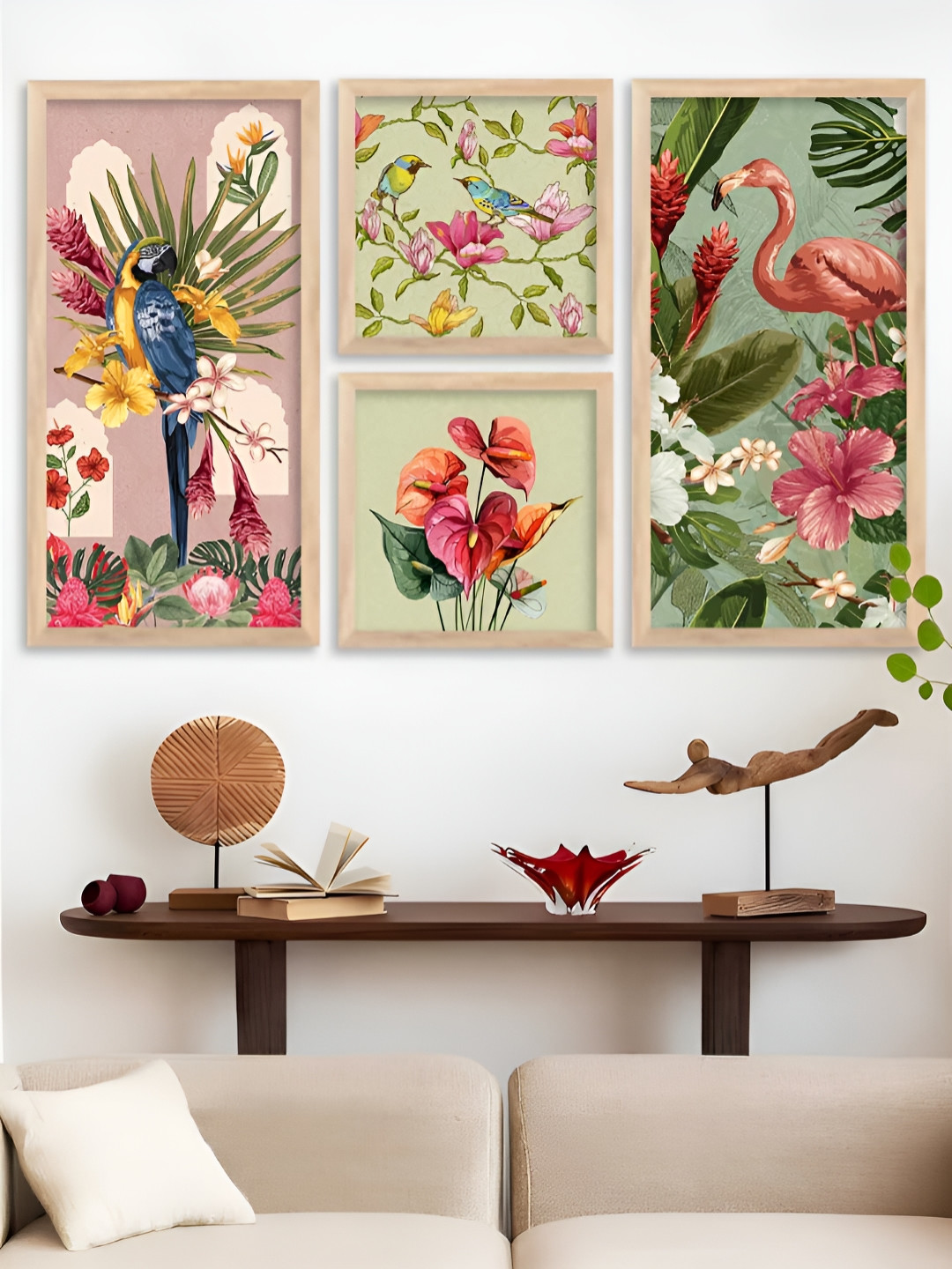 Kotart Brown & Pink 4 Pieces Floral And Botanical Wooden Wall Arts