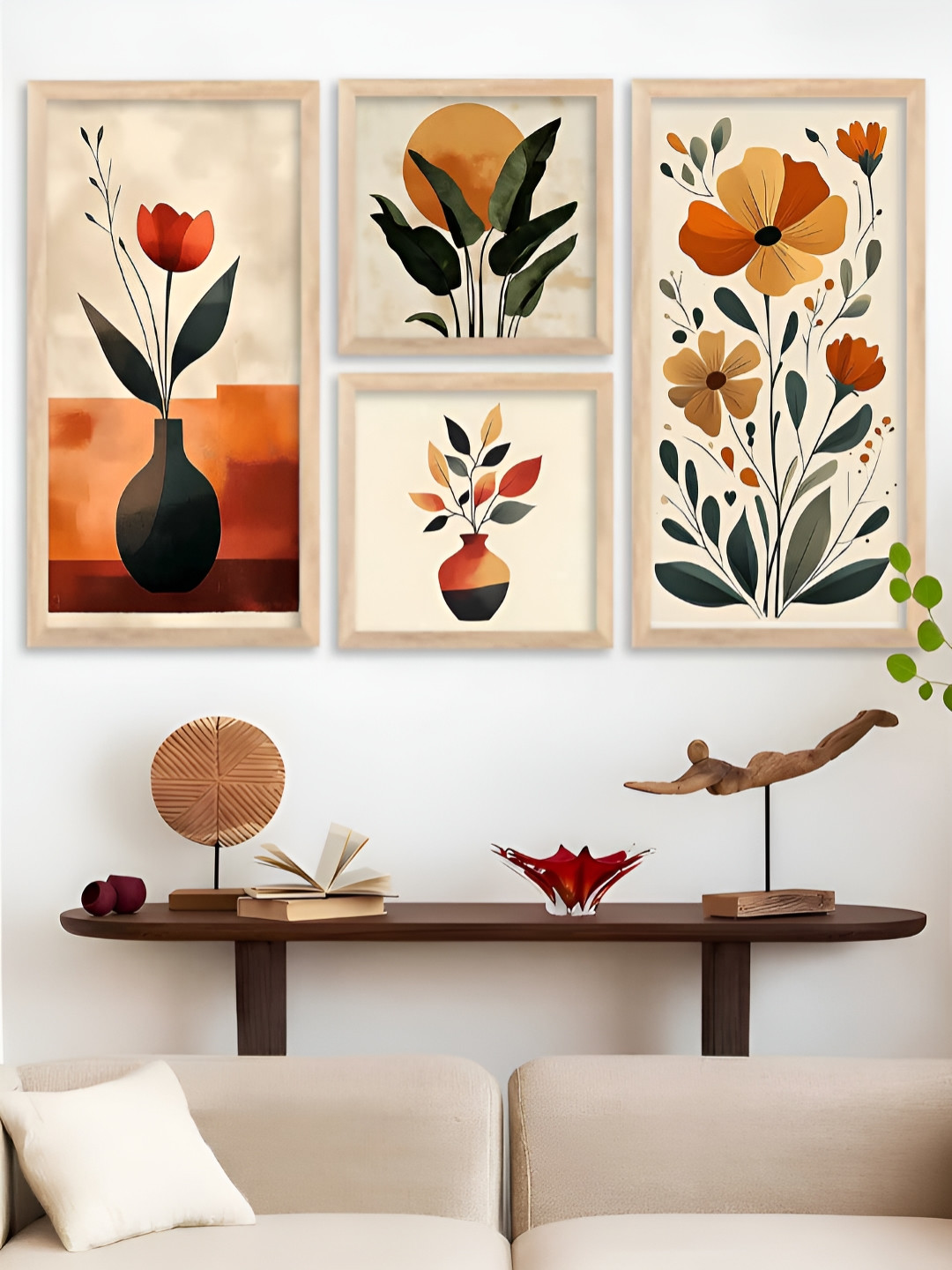 Kotart Brown, Green & Orange 4 Pieces Floral and Botanical Wooden Wall Arts
