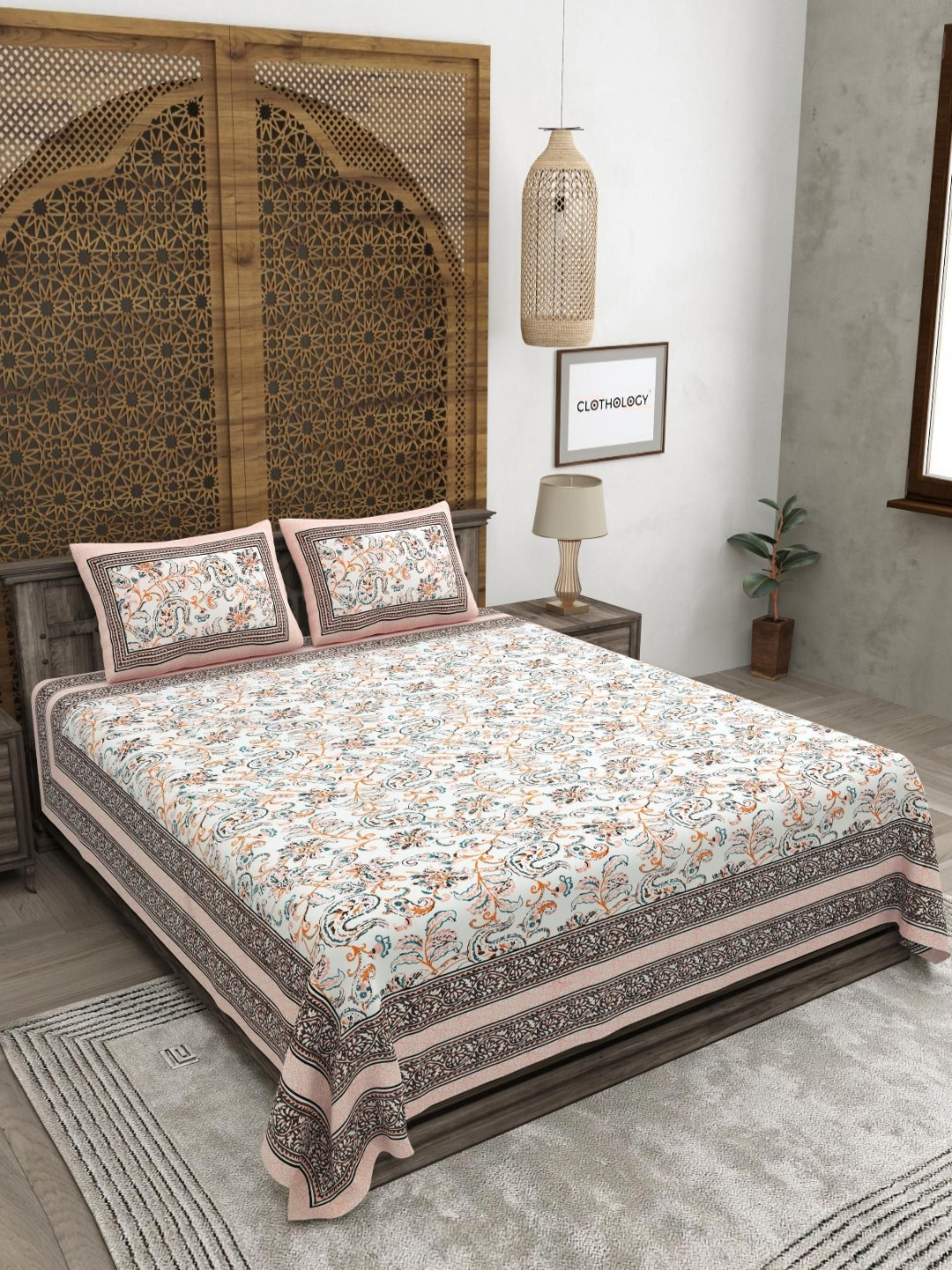 CLOTHOLOGY Pink & Orange Printed Pure Cotton 180 TC King Bedsheet Set 2.75m x 2.25m