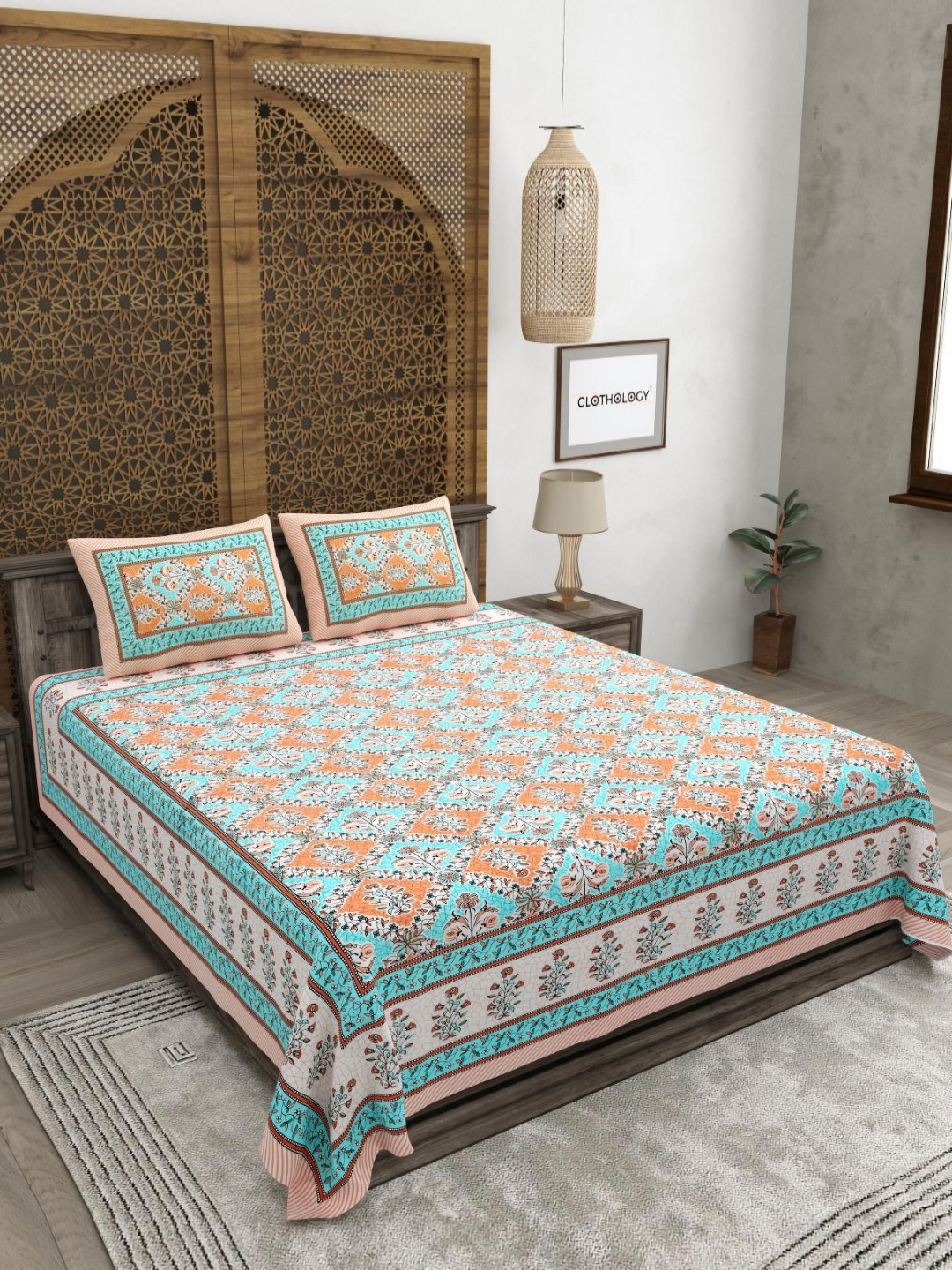CLOTHOLOGY Turquoise Blue & Orange Printed 180TC Cotton King Bedsheet Set 2.75 m x 2.25 m