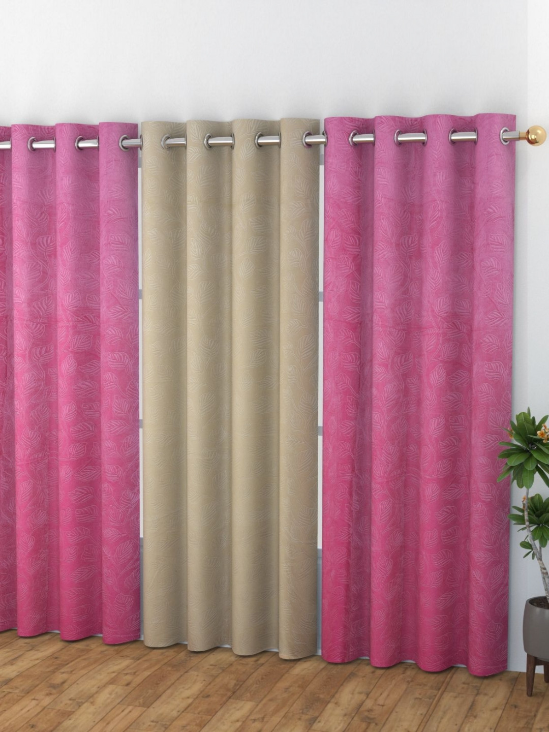 Banchmark Home Furnishings Haire Pink 3 Pcs Printed Room Darkening Velvet Window Curtains