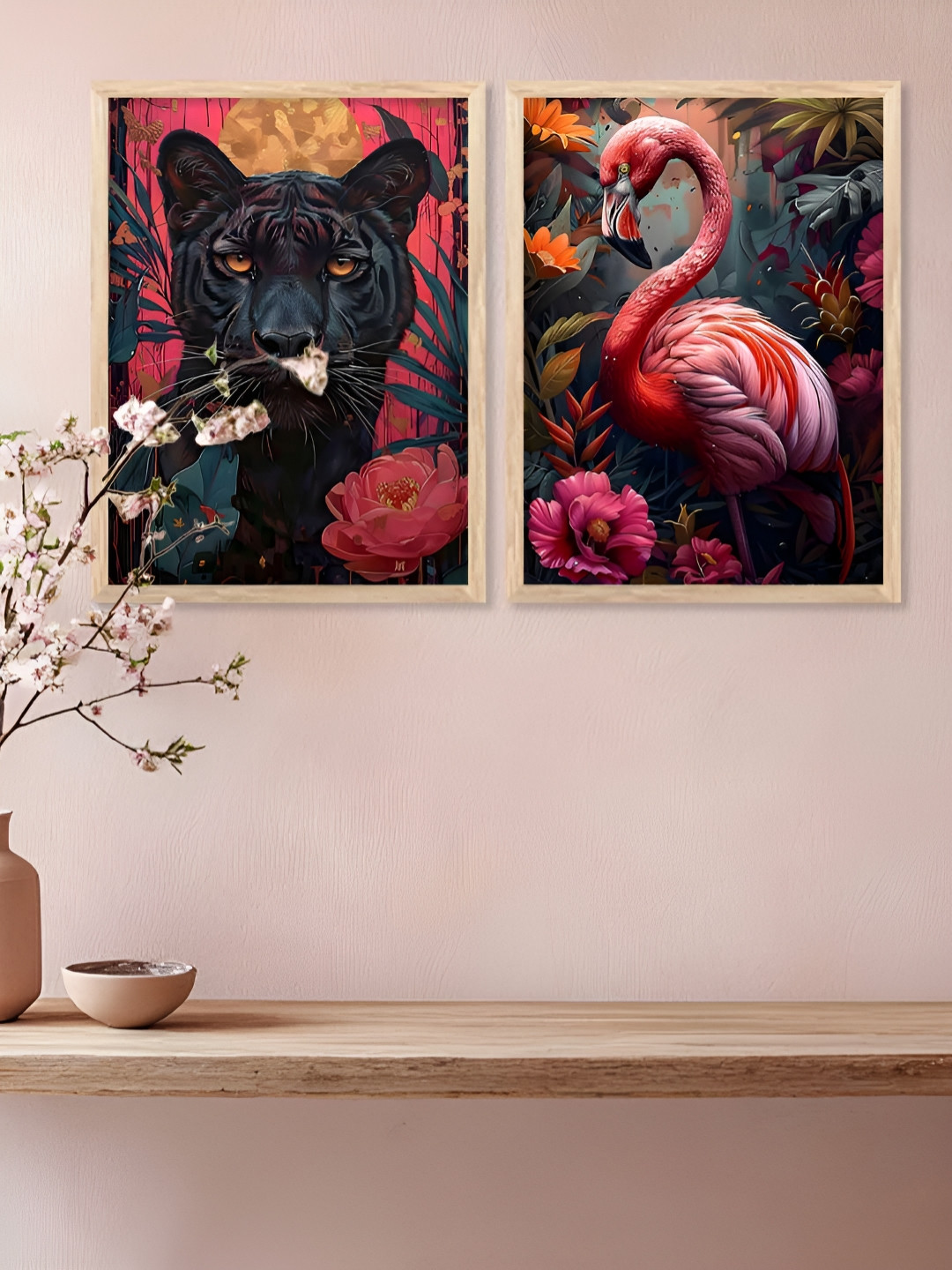 Kotart Brown & Black 2 Pieces Birds And Animals Printed Portrait Wooden Wall Arts