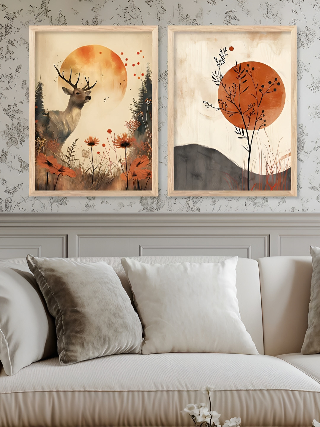 Kotart Brown & Orange Colored 2 Pieces Deer Printed Wooden Wall Arts