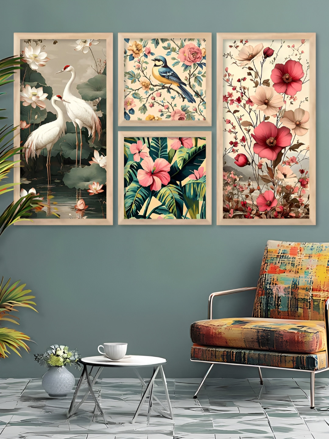 Kotart Brown, Pink & Green 4 Pieces Floral and Botanical Wooden Wall Arts