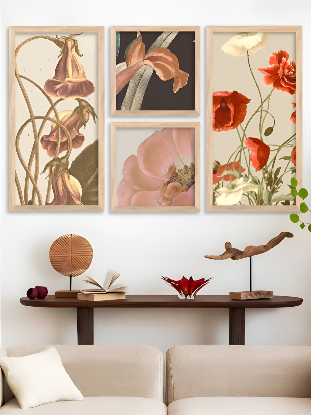 Kotart Brown, Peach & Red 4 Pieces Floral And Botanical Wooden Wall Arts