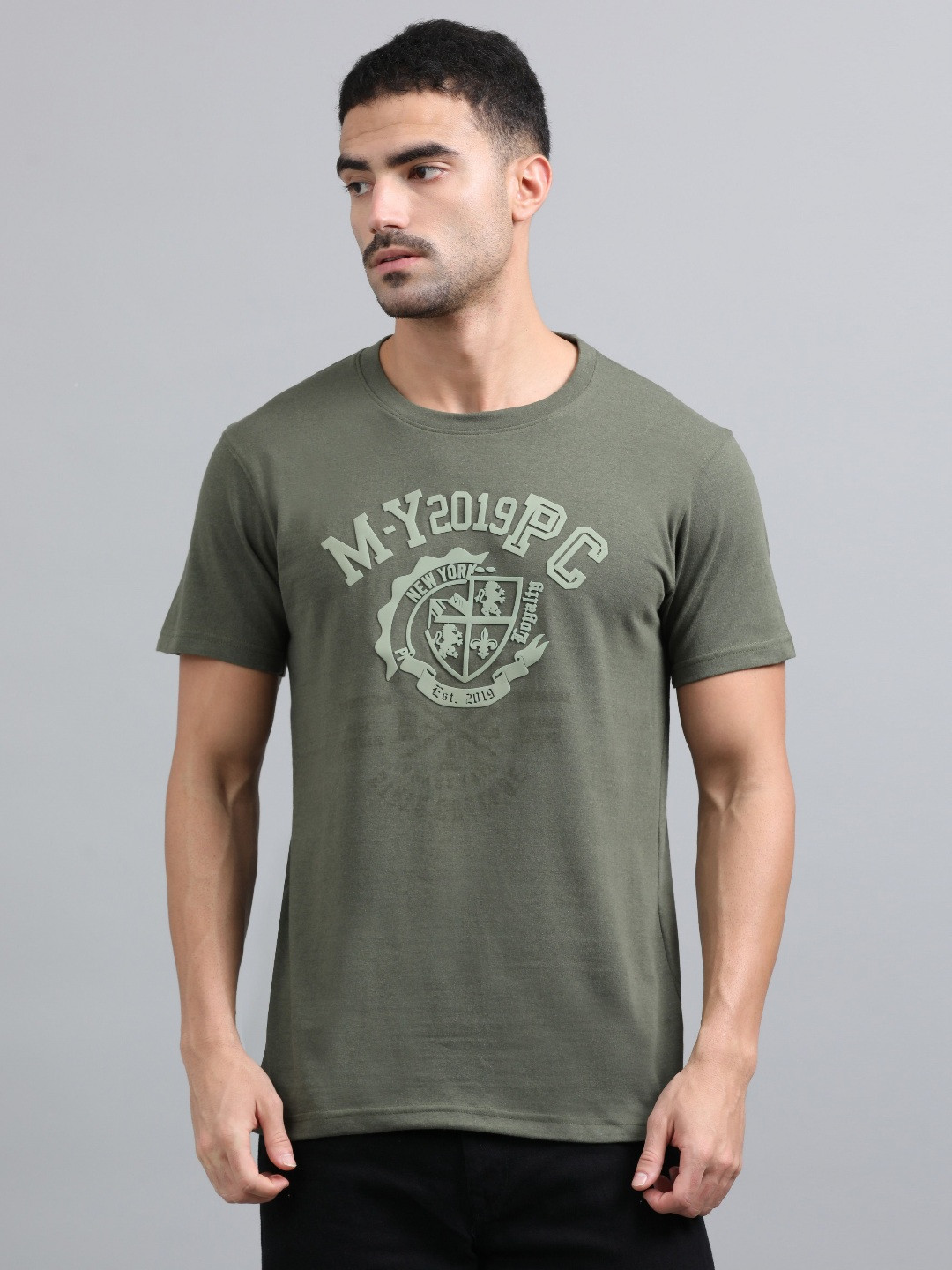 Q CUT Typography Printed Round Neck Cotton T-shirt