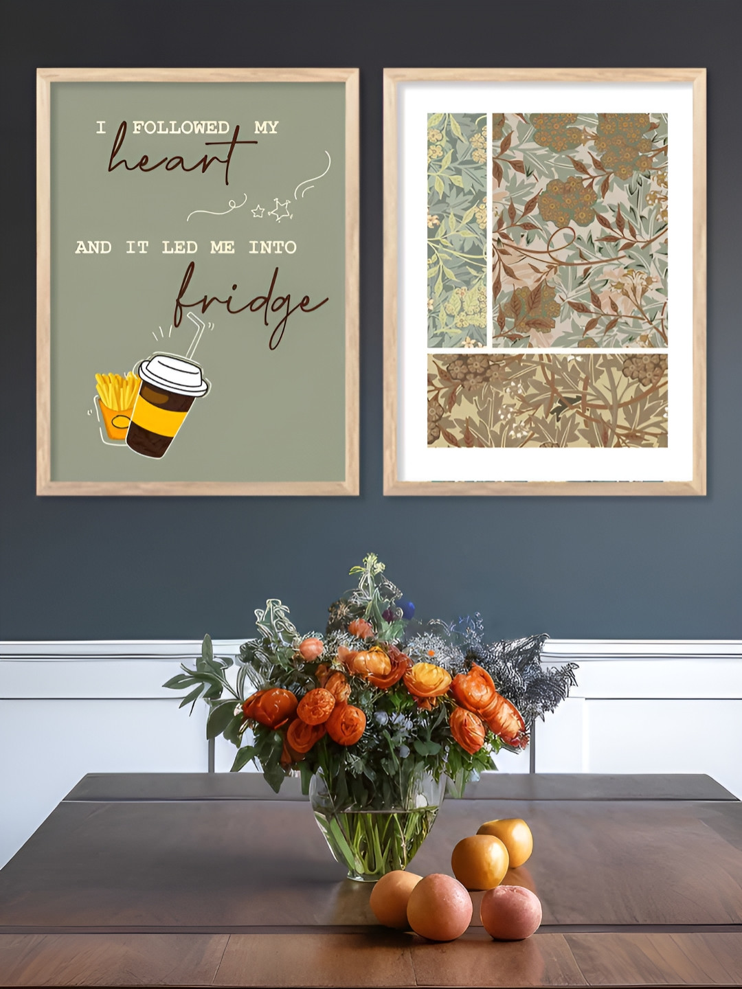 Kotart Brown & Green 2 Pieces Floral & Cup Printed Wooden Wall Arts