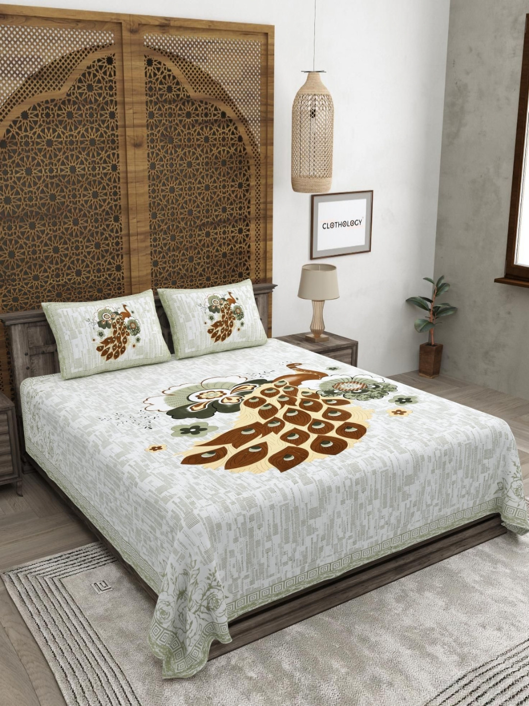 CLOTHOLOGY Olive Green Peacock Motif The Royal Mayur Collection 180 TC Cotton King Bedsheet with 2 Pillow Cover
