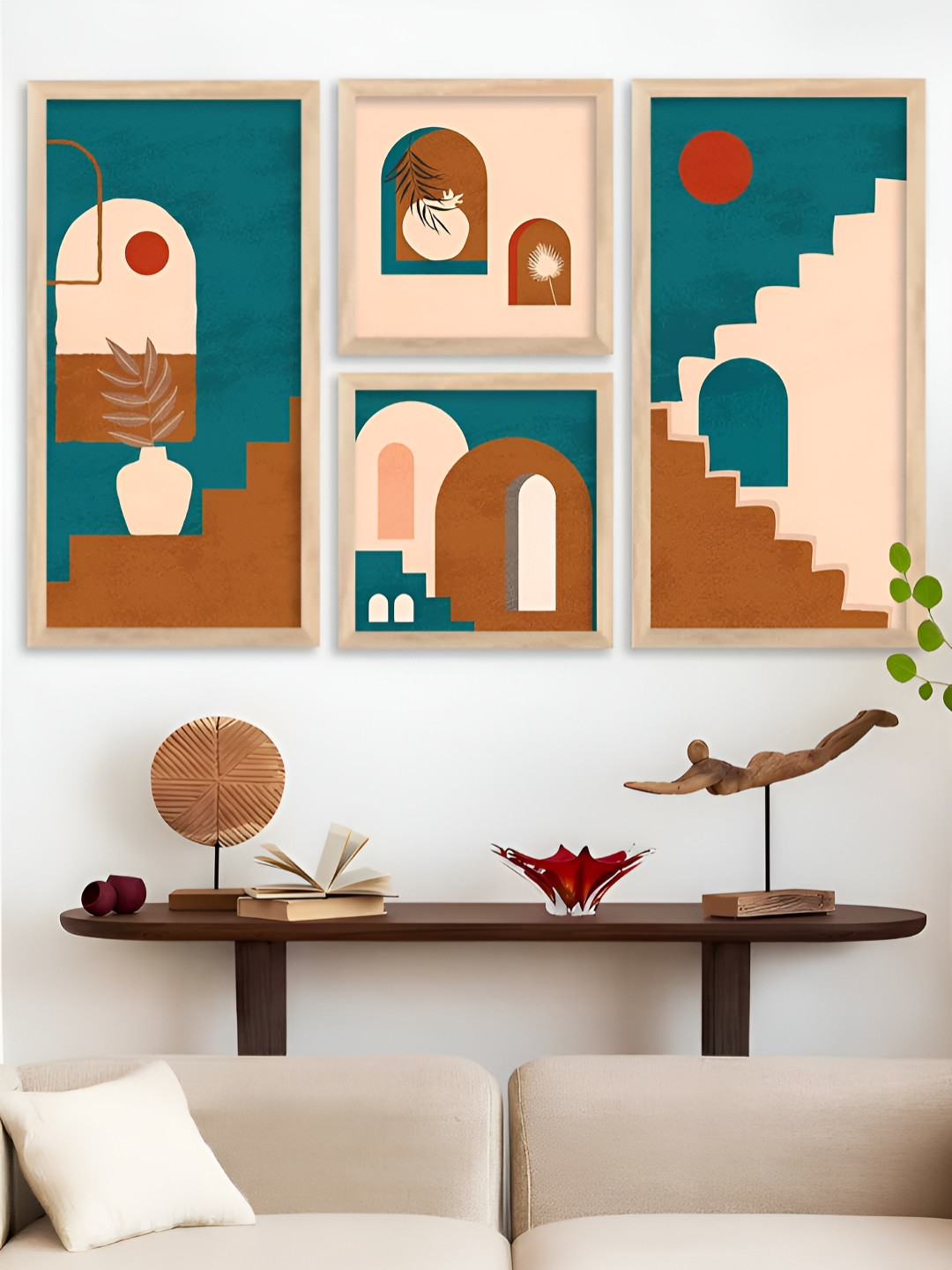 Kotart Peach & Teal 4 Pieces Abstract Printed Wooden Portrait Wall Arts