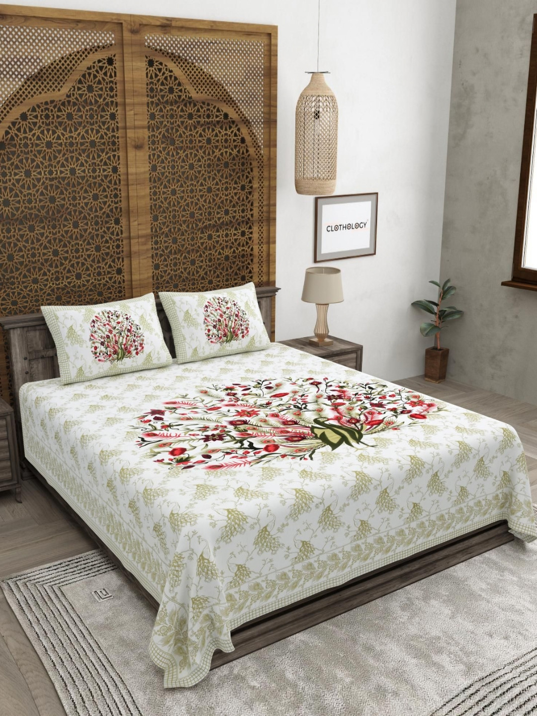 CLOTHOLOGY Olive Green & Red Printed 180TC Pure Cotton King Bedsheet Set 2.75 m x 2.25 m