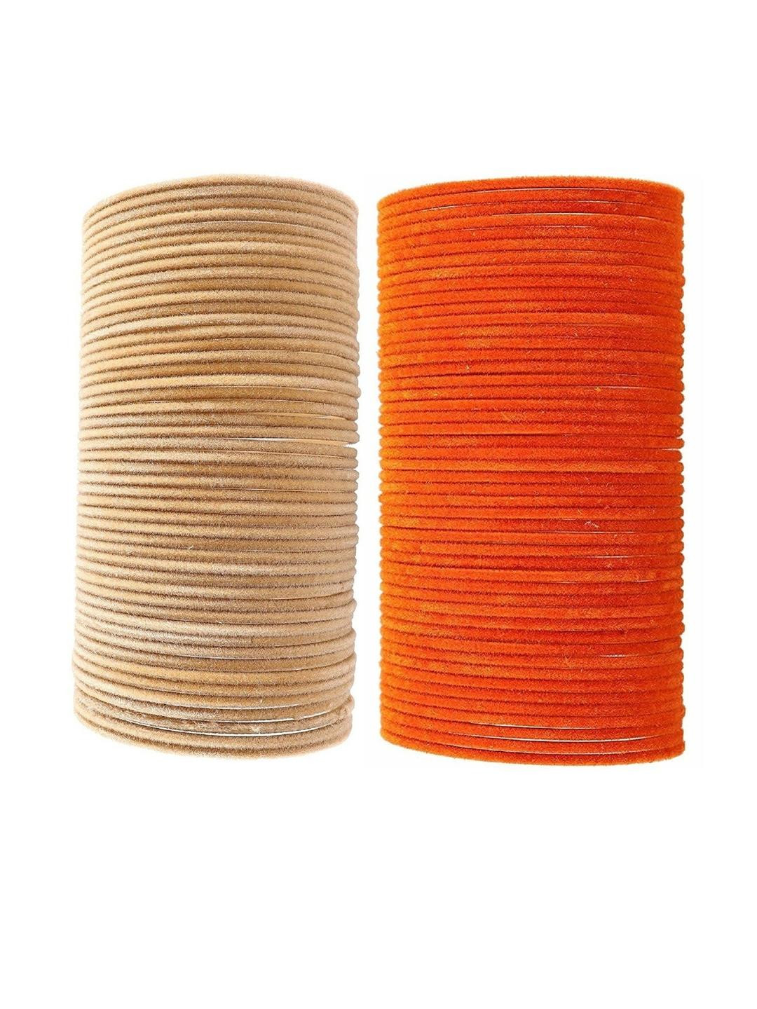 Guddan Set of 96 Golden & Orange Metal Velvet Bangles