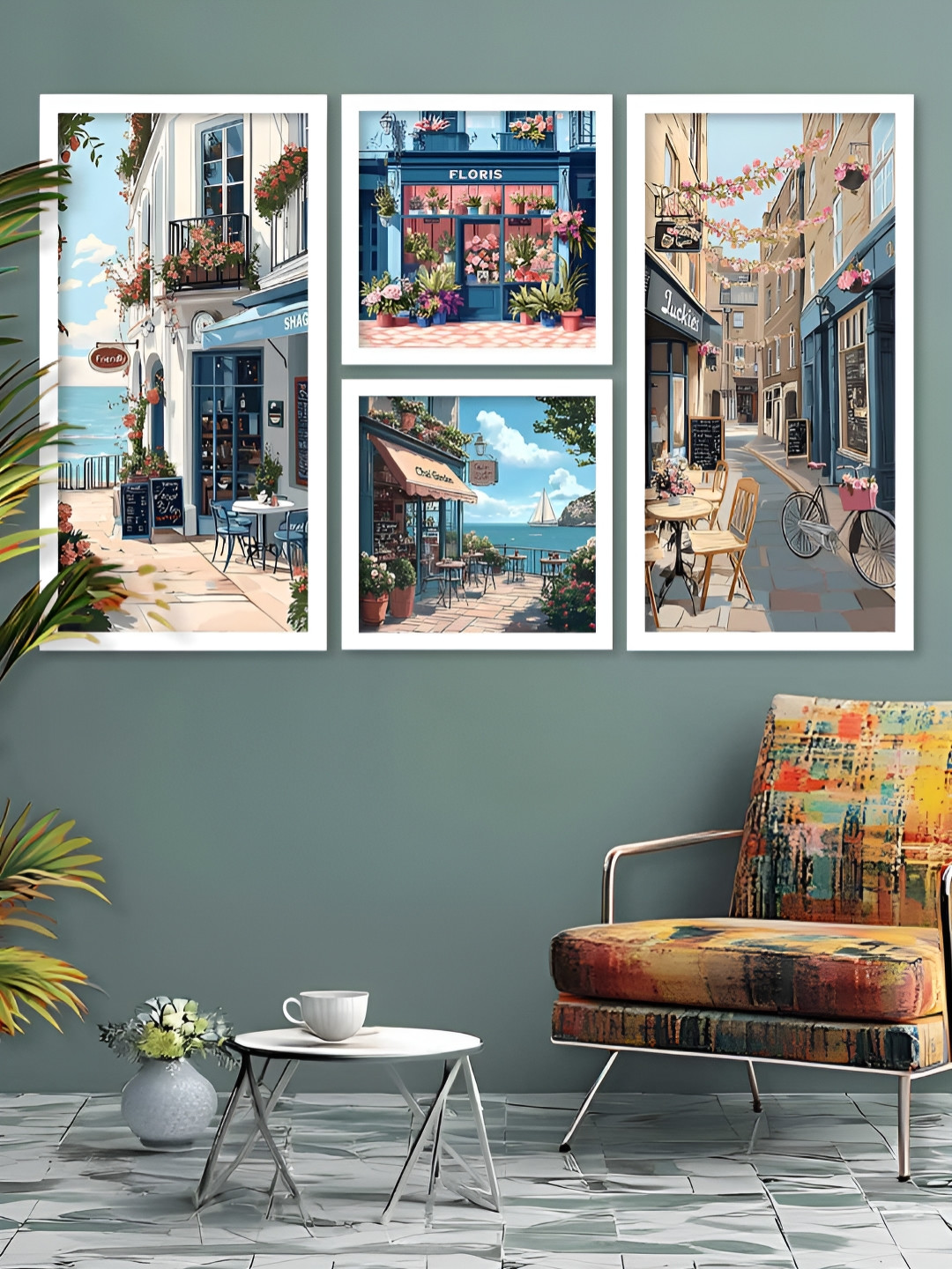 Kotart 4 Pieces White & Blue Streets Printed Wooden Wall Arts