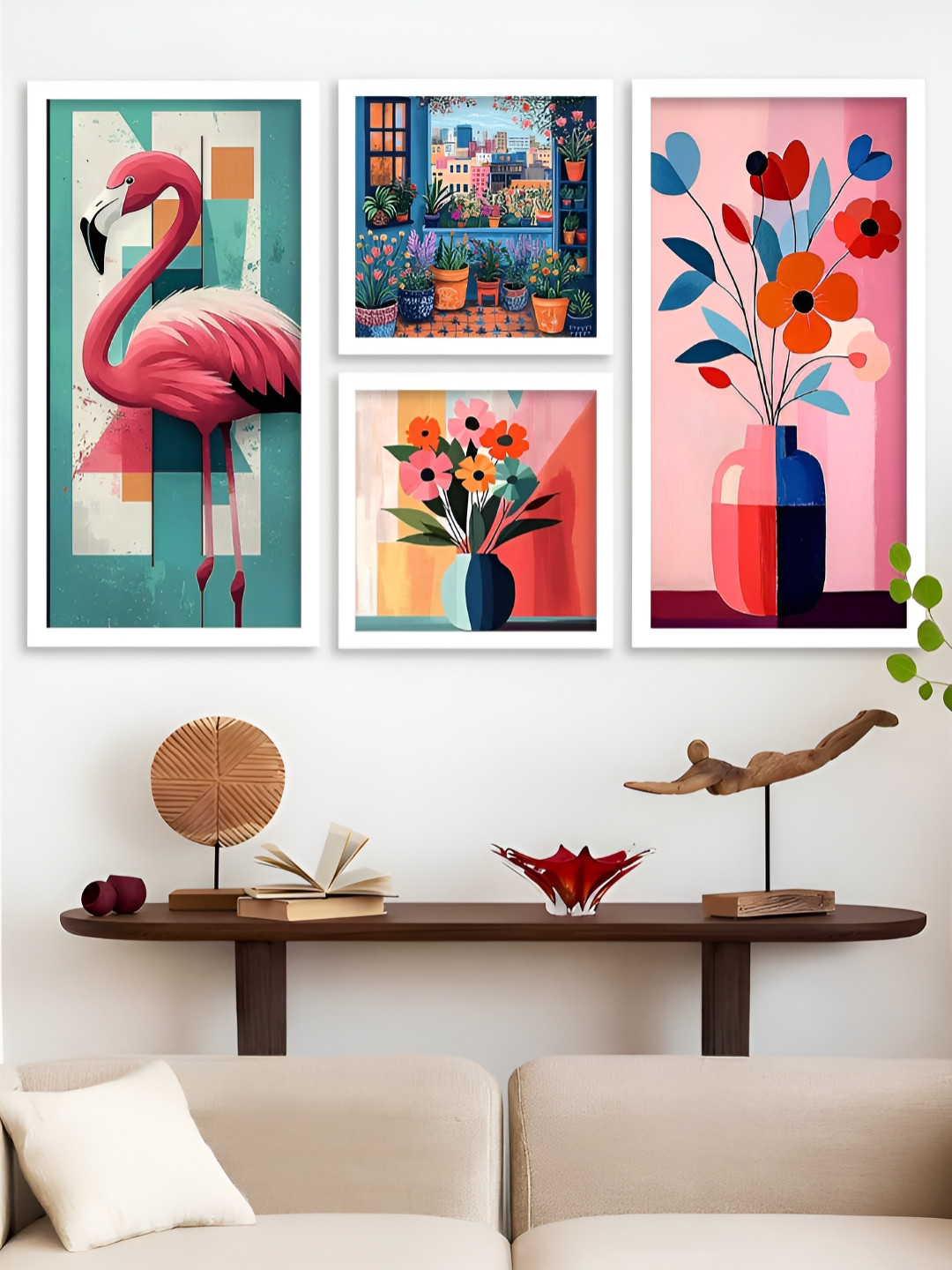 Kotart White & Pink 4 Pieces Swan & Floral Printed Wooden Wall Arts