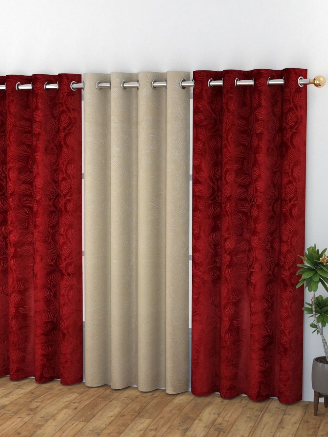 Banchmark Home Furnishings Haire Red 3Pcs Printed Room Darkening Velvet Long Door Curtains