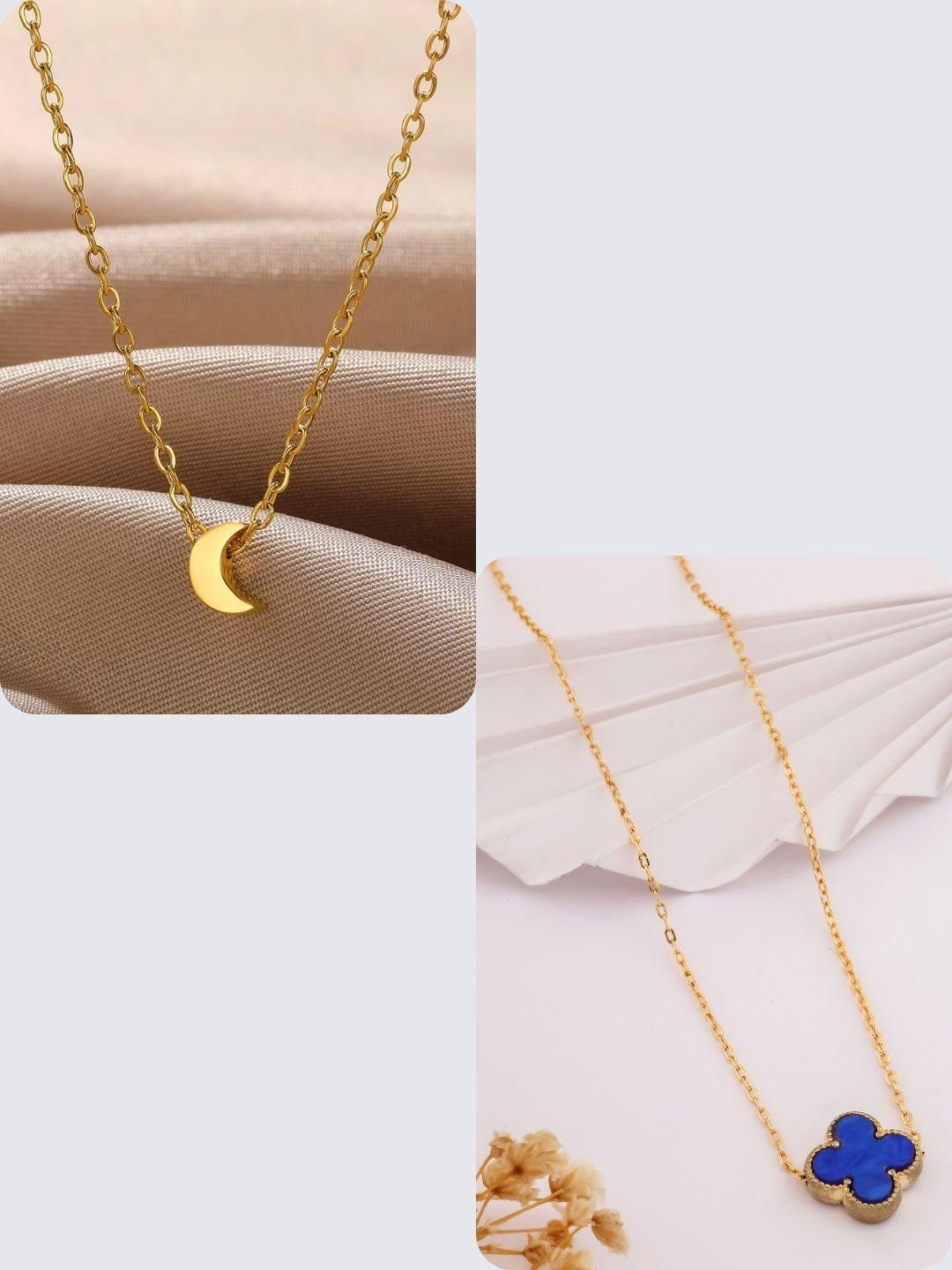 DressBerry Women Pack Of 2 Stainless Steel Moon And Flower Shaped Necklaces