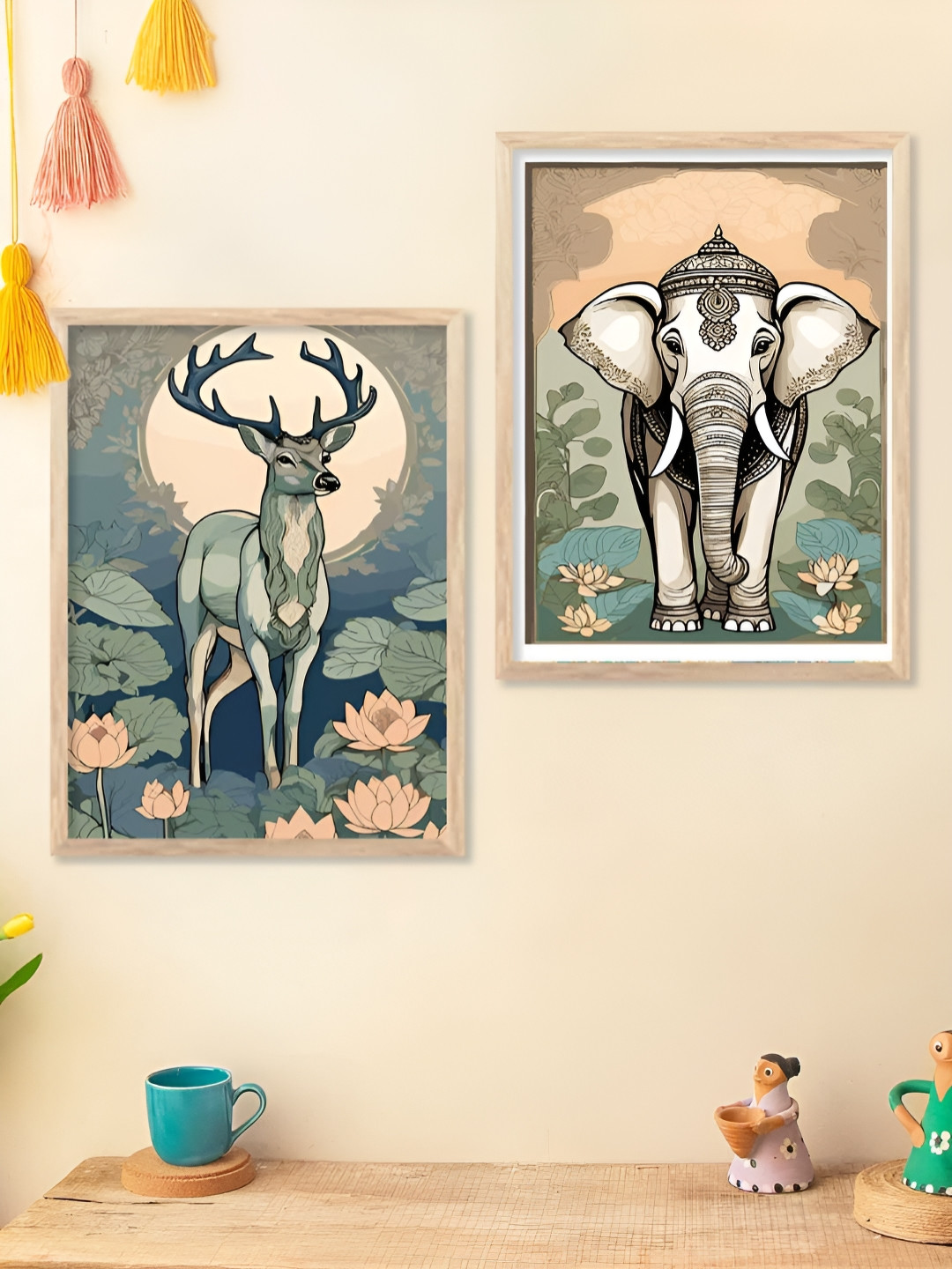 Kotart Brown, Grey And Peach 2 Pieces Wooden Birds And Animals Wall Arts