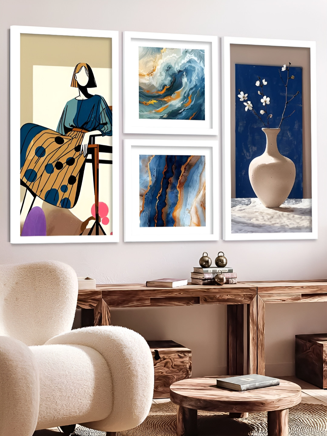 Kotart Brown, White & Black 4 Pieces Abstract Wooden Wall Arts