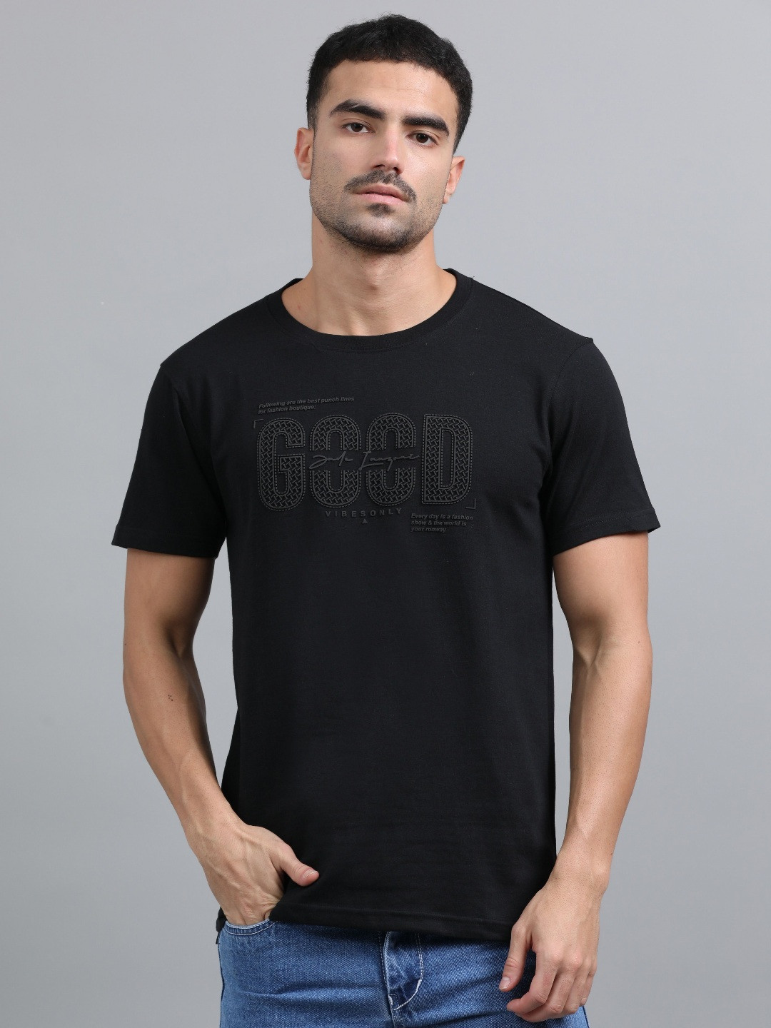 Q CUT Typography Printed Round Neck Cotton T-shirt