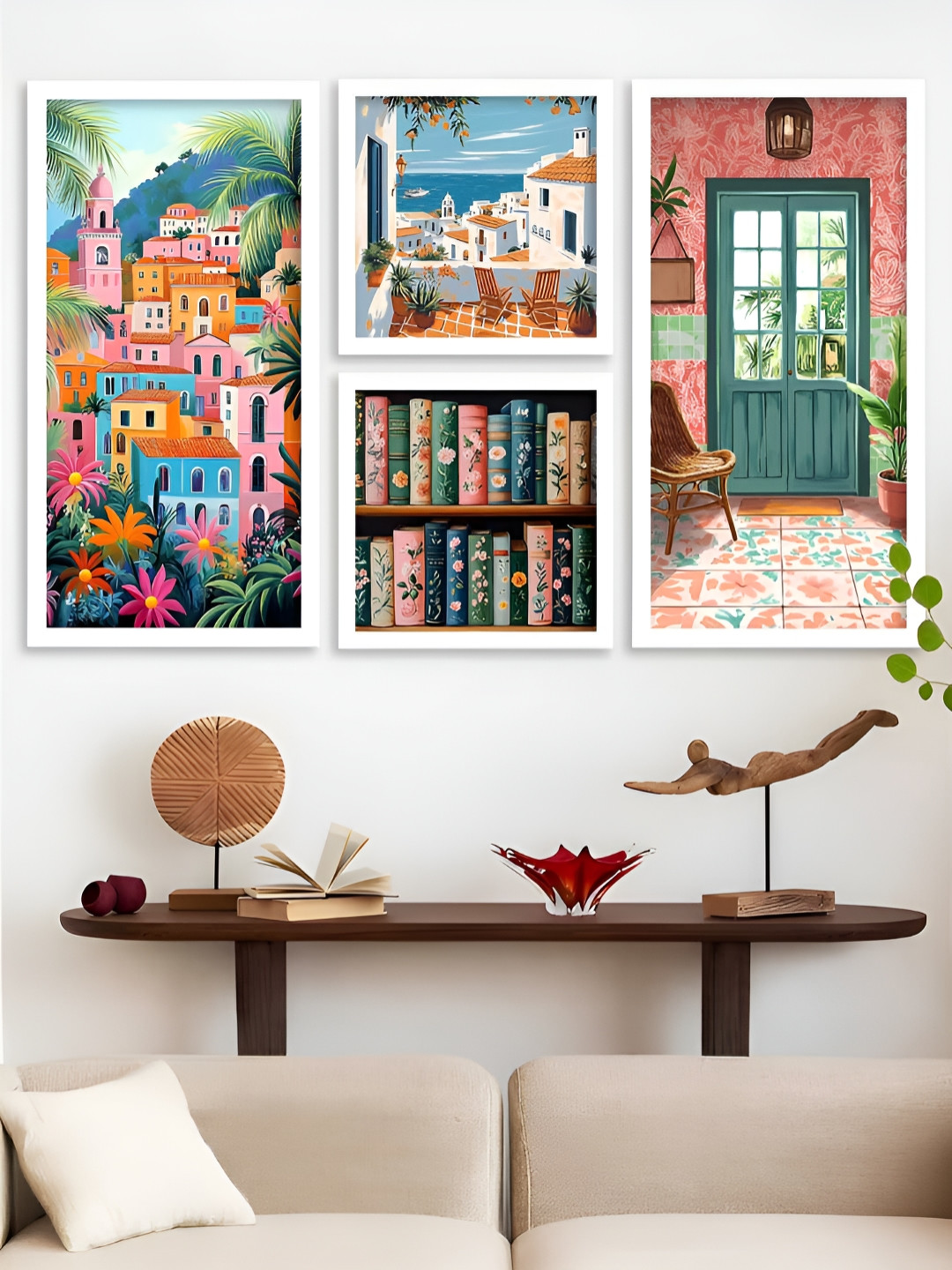 Kotart Pink & Green 4 Pieces Landscapes Wooden Wall Arts