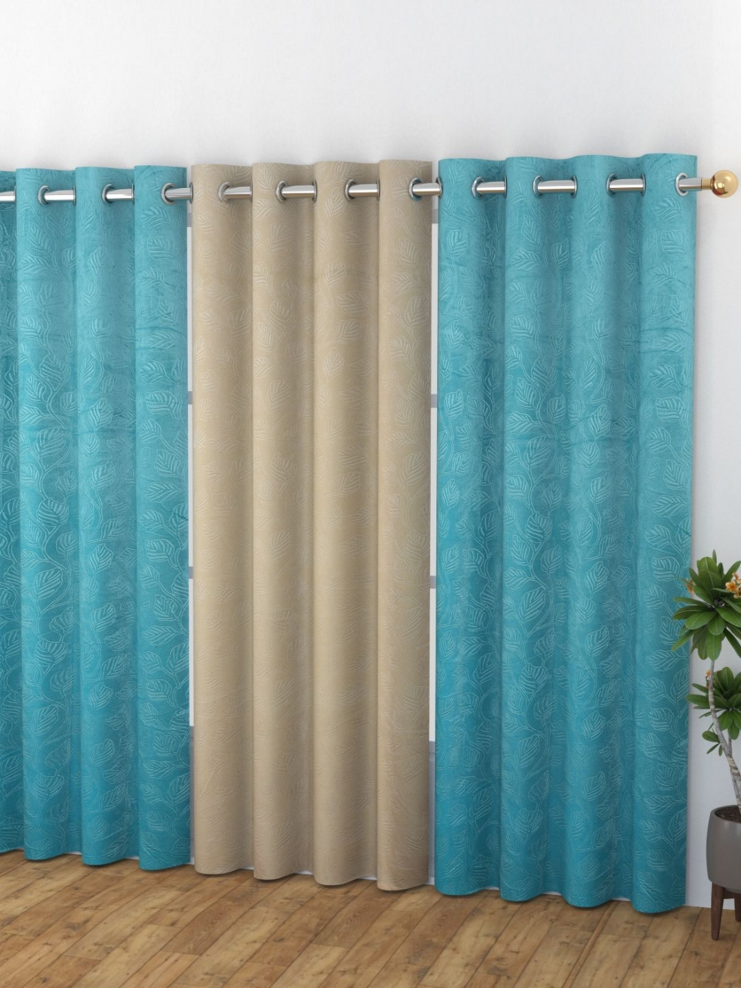 Banchmark Home Furnishings Haire Blue 3 Pcs Printed Room Darkening Velvet Window Curtains