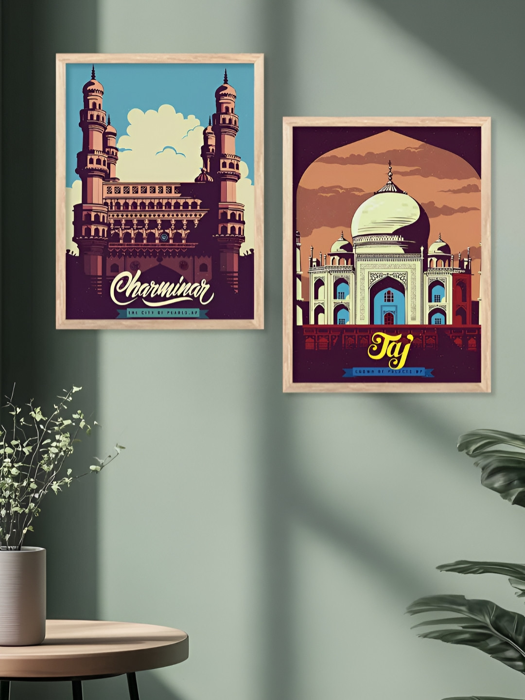 Kotart Brown & Blue 2 Pieces Taj & Chariminar Printed Wooden Wall Arts