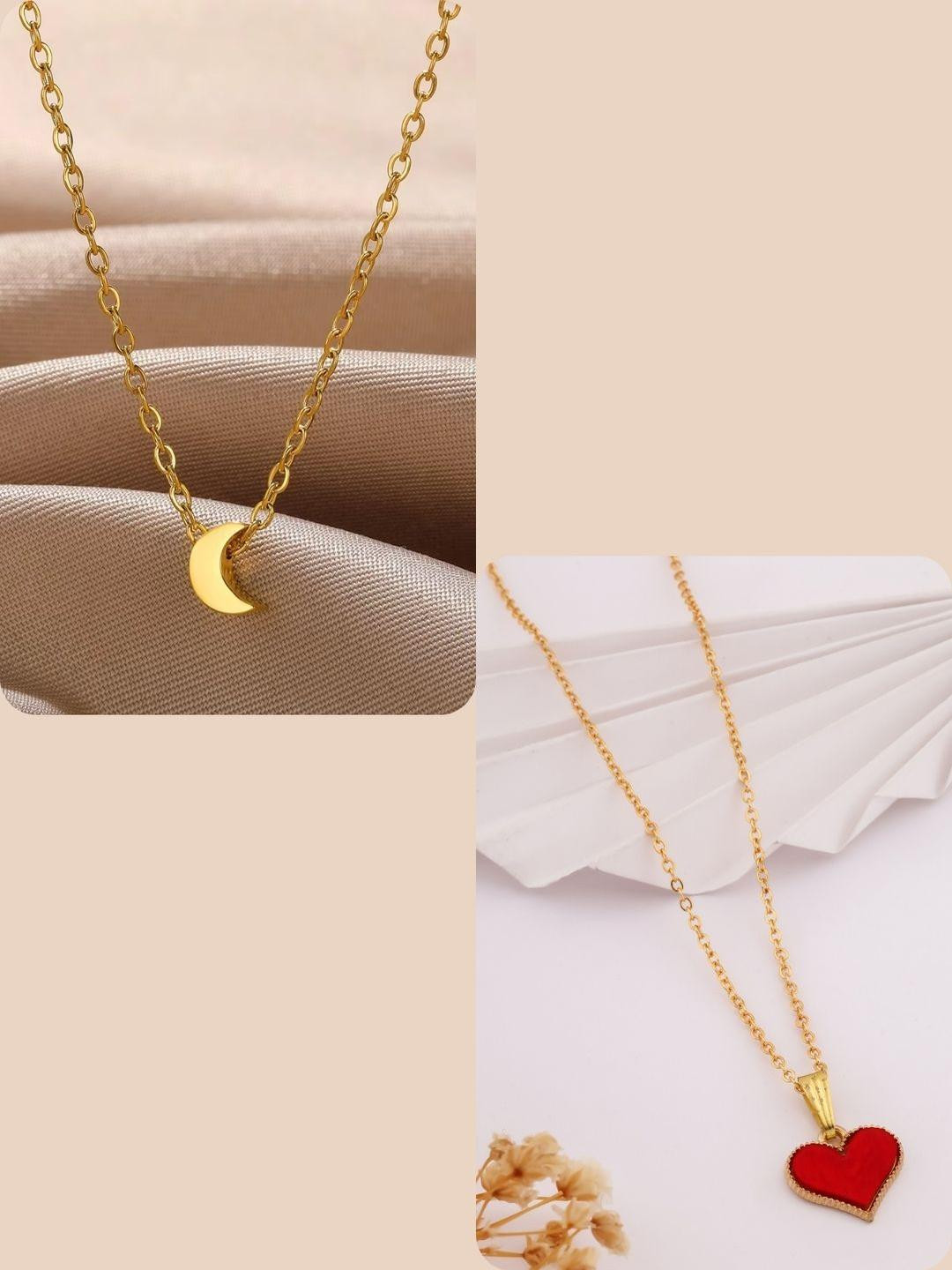 DressBerry Women Pack Of 2 Gold-Plated Heart And Moon Shaped Necklace