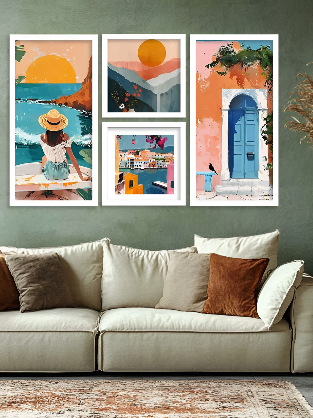 Kotart Orange & Blue 4 Pieces SunSet Wooden Wall Arts