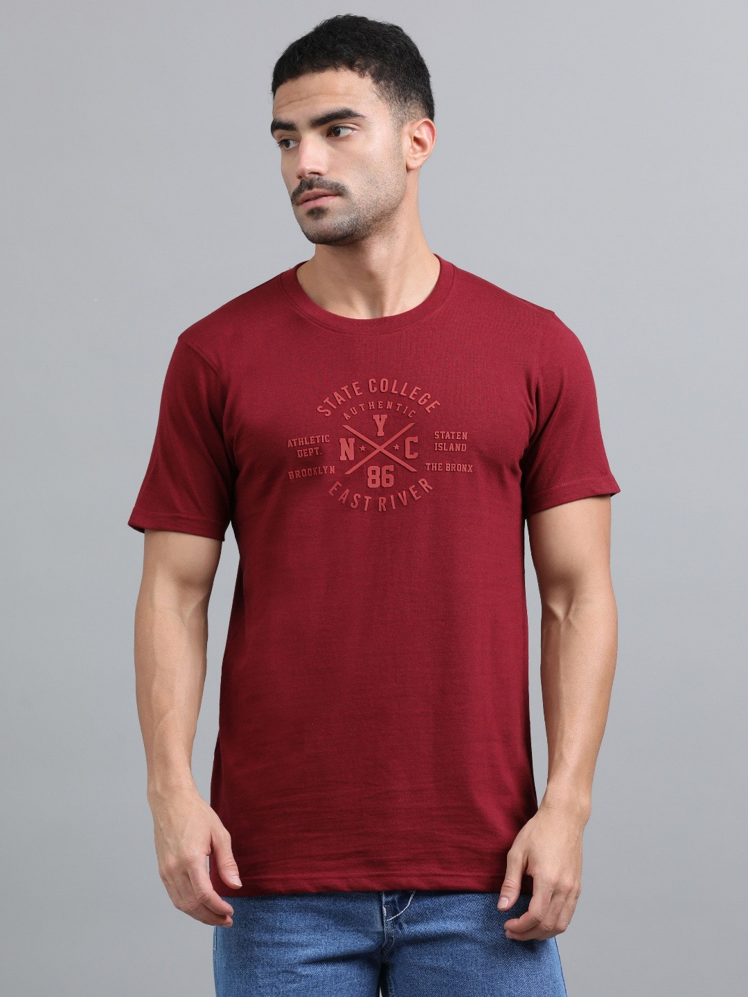 Q CUT Typography Printed Round Neck Cotton T-shirt